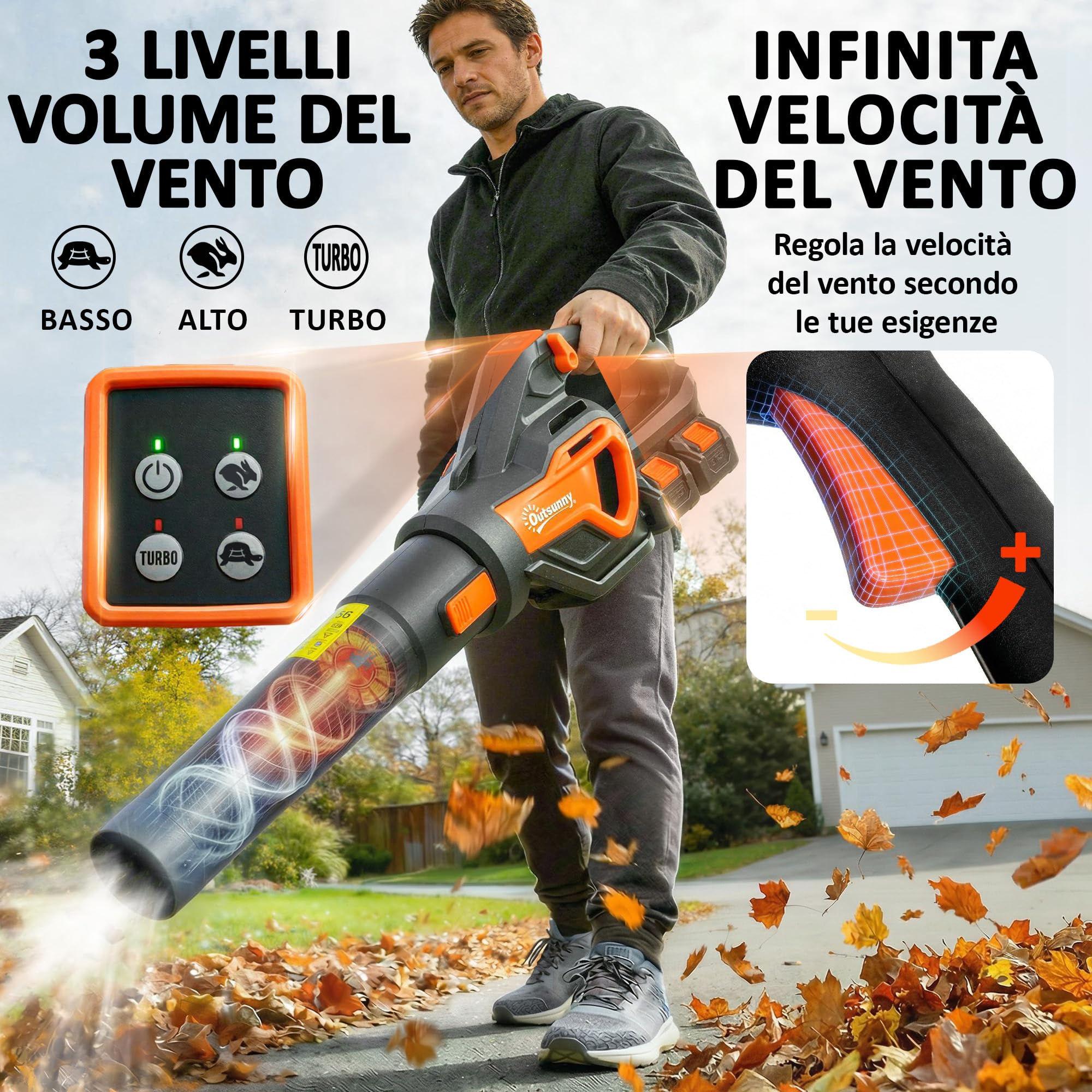 Outsunny Soffiatore a Batteria 20V, Soffiatore Foglie con 2 Batteria 4Ah, Motore Brushless 900W, 3 Livelli Velocità 162.7 km/h, Turbo Boost, Caricabatterie, Leggero, per Giardino Foglie Neve Polvere