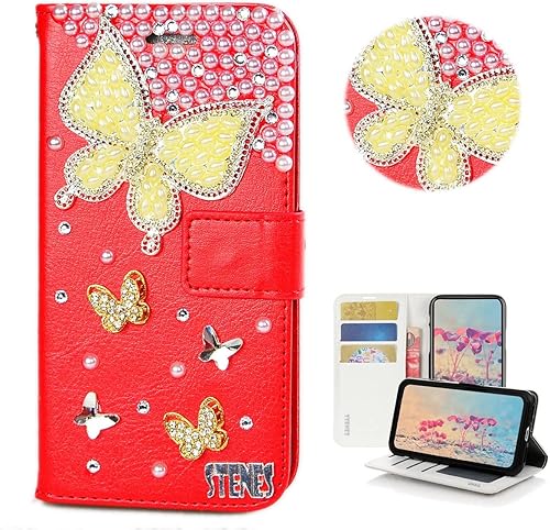 STENES Bling - Funda tipo cartera compatible con Samsung Galaxy S21 Ultra, elegante funda de cuero con diseño de mariposa perla, hecha a mano en 3D,