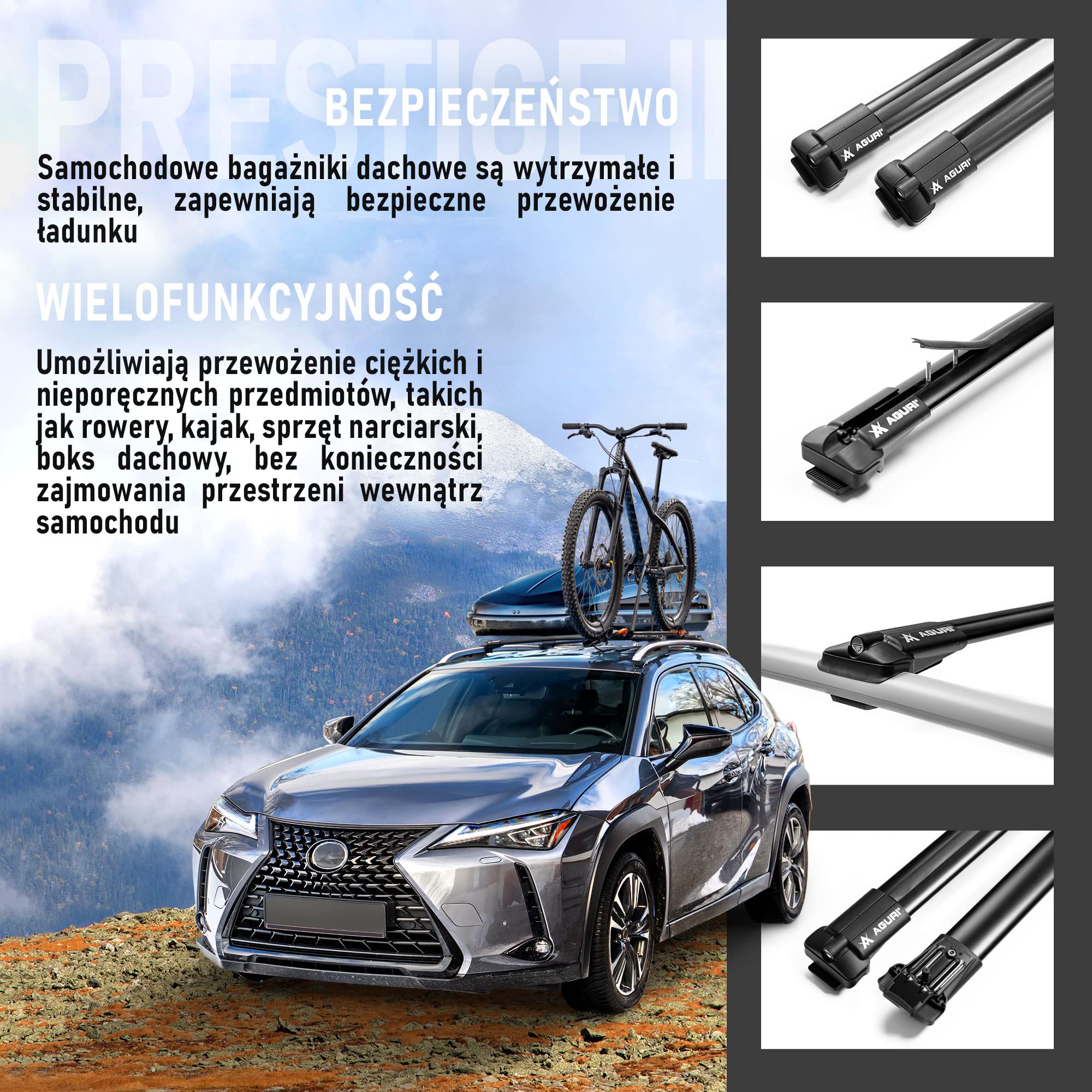 AGURI Prestige II | Kompatybilny z Mazda 6 Kombi 2013+ | Bagażnik Dachowy, Belki Dachowe | Służy do Montażu Boksu Dachowego, Uchwytu Rowerowego, Drabiny | Konstrukcja z Aluminium | TÜV