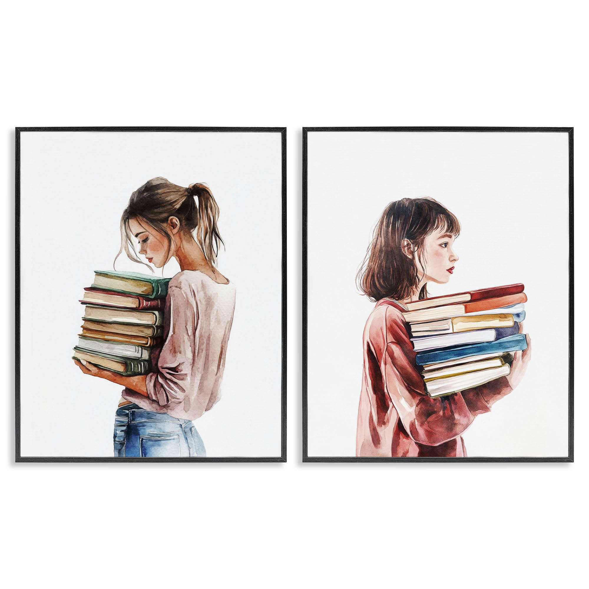 Girls and Library Book Stacks, 24 x 30 Inch Framed Giclée Print Set
