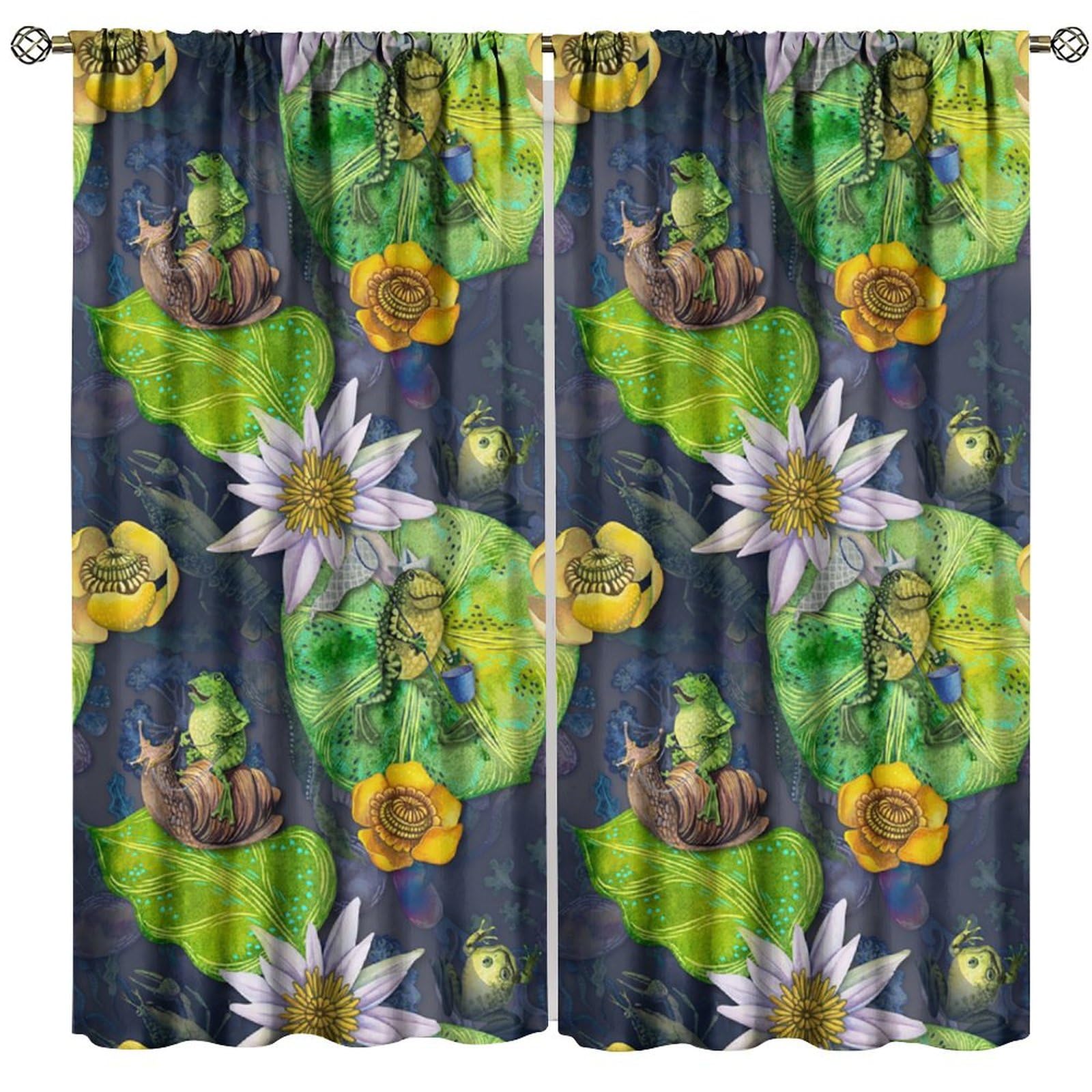 BenYaSong Cartoon Frog Decor Window Curtain,Retro Cute Frog Pond Water Lilies Frogs Sunflower for Home Kitchen Livingroom Coffee Room Window Drapes 2Panel 41" W X 62" L
