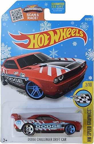 Hotwheels Dodge Challenger Drift Car, Speed Graphics 310 rojo Tarjeta de copo de nieve 178250