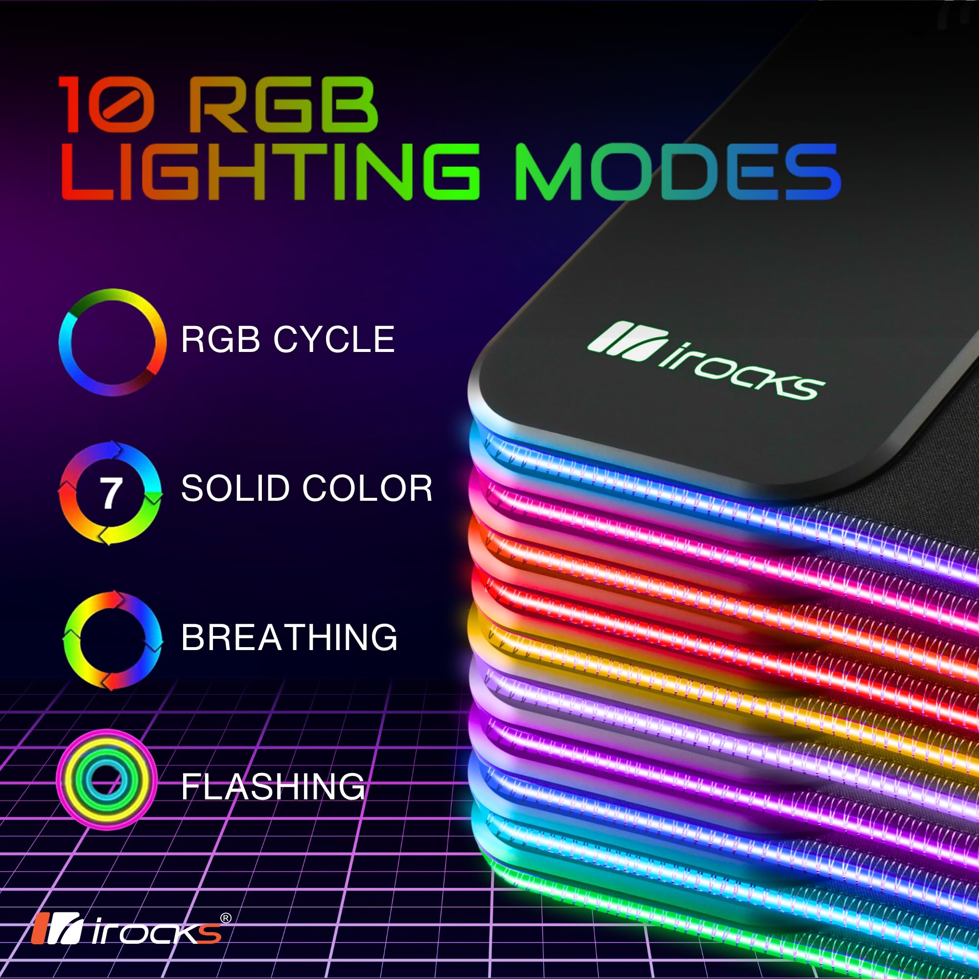 i-Rocks, tappetino per mouse da gioco RGB extra lungo da 10 W, caricabatterie rapido wireless, base in gomma antiscivolo, 35 pollici, 10 effetti di colore, retroilluminato a LED per dispositivi Qi