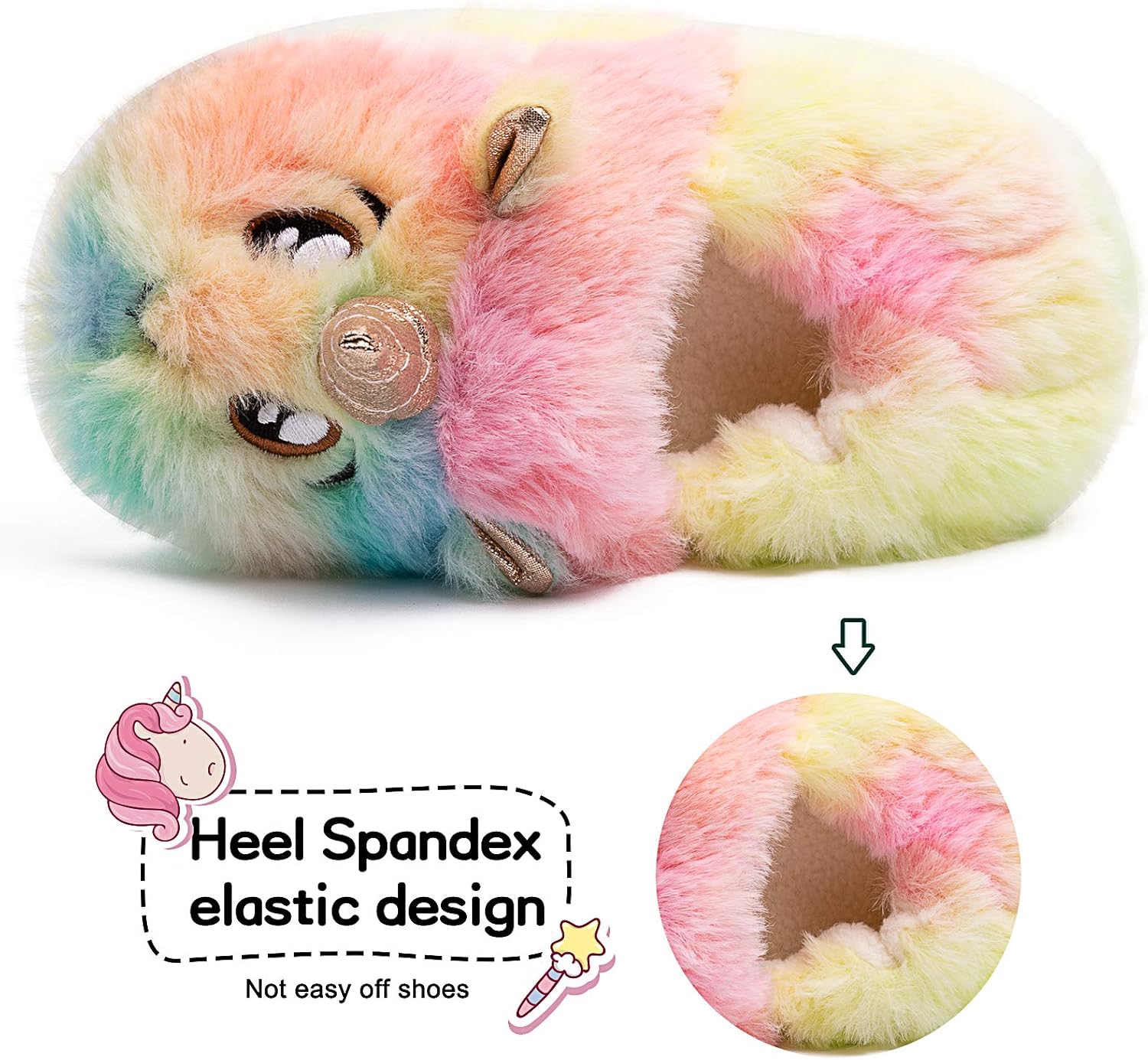 Vista 4 de Lindas pantuflas de unicornio mullidas y mullidas para el invierno, cálidas pantuflas de felpa de animales de dibujos animados para interiores