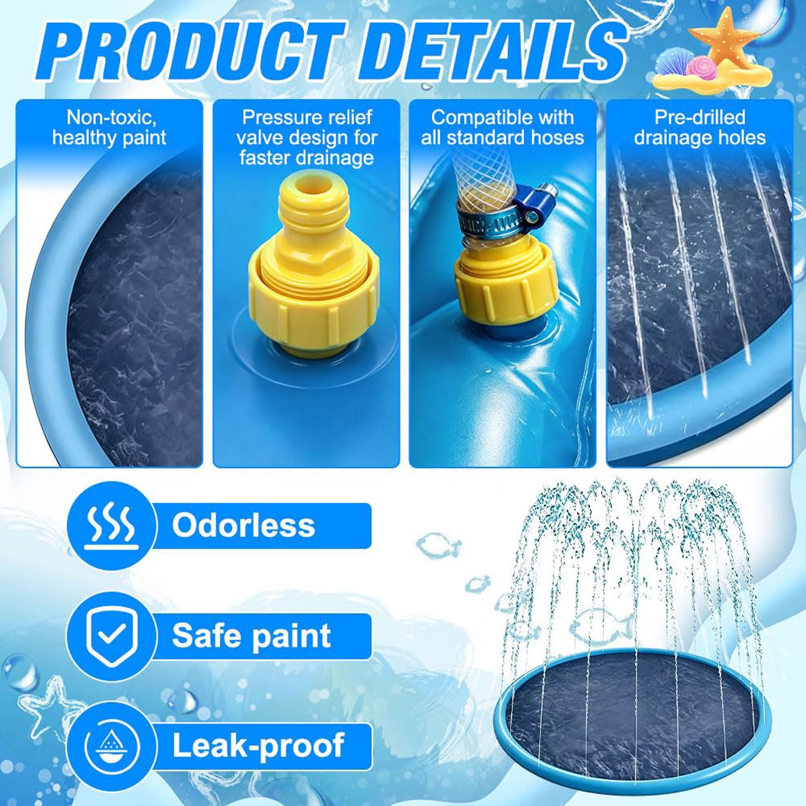 Splash Pad Sprinkler Play Matte 170CM Sprinkler Wasser Spielmatte Anti Rutsch Verdickte Plantschbecken Wasserspielzeug Spielzeug mit 3 HöHenverstellbar für Familie Aktivitäten/Strand/Garten