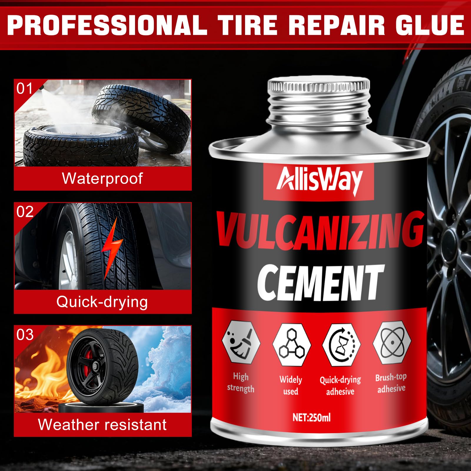 Mastice Per Riparazione Pneumatici, Ripara Gomme Auto, Include una Spazzola, Sigilla e Ripara ed è Utilizzato per Riparare Pneumatici di Auto, Moto e Biciclette,250 ml