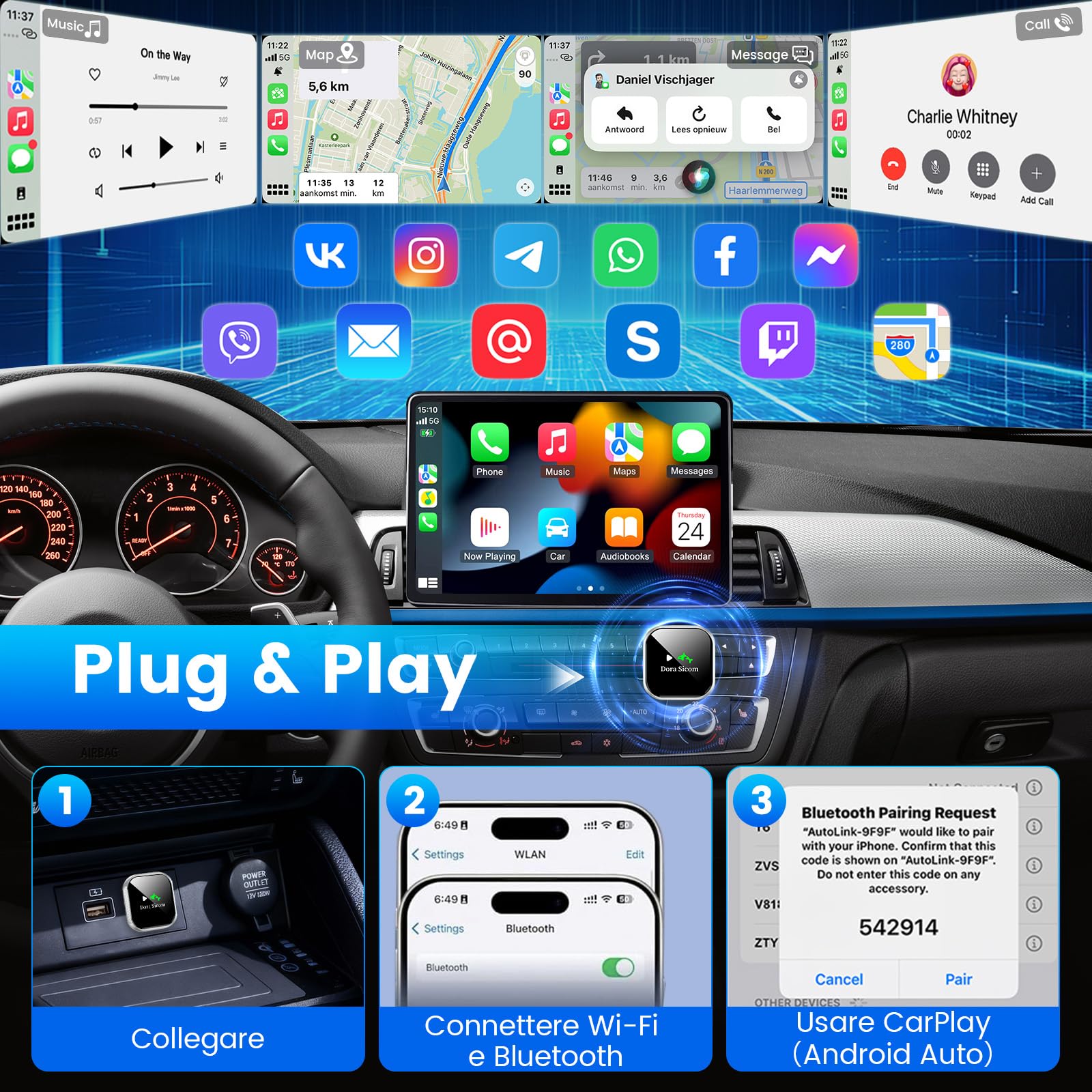Dora Sicom [2026 update] Wireless CarPlay Adapter, Adattatore Wireless Android Auto,2 in 1，Adattatore CarPlay Adapter, Car Play per Auto,Plug & Play, USB&C, 5Ghz，compatibile con veicoli dal 2016