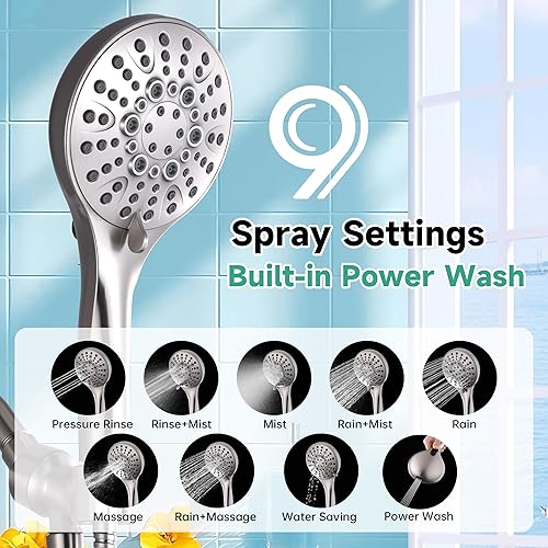 Miniatura 2 de BRIGHT SHOWERS Cabezal de ducha de alta presión con mano, 9 ajustes de pulverización, cabezal de ducha integrado para limpiar bañera y mascotas,