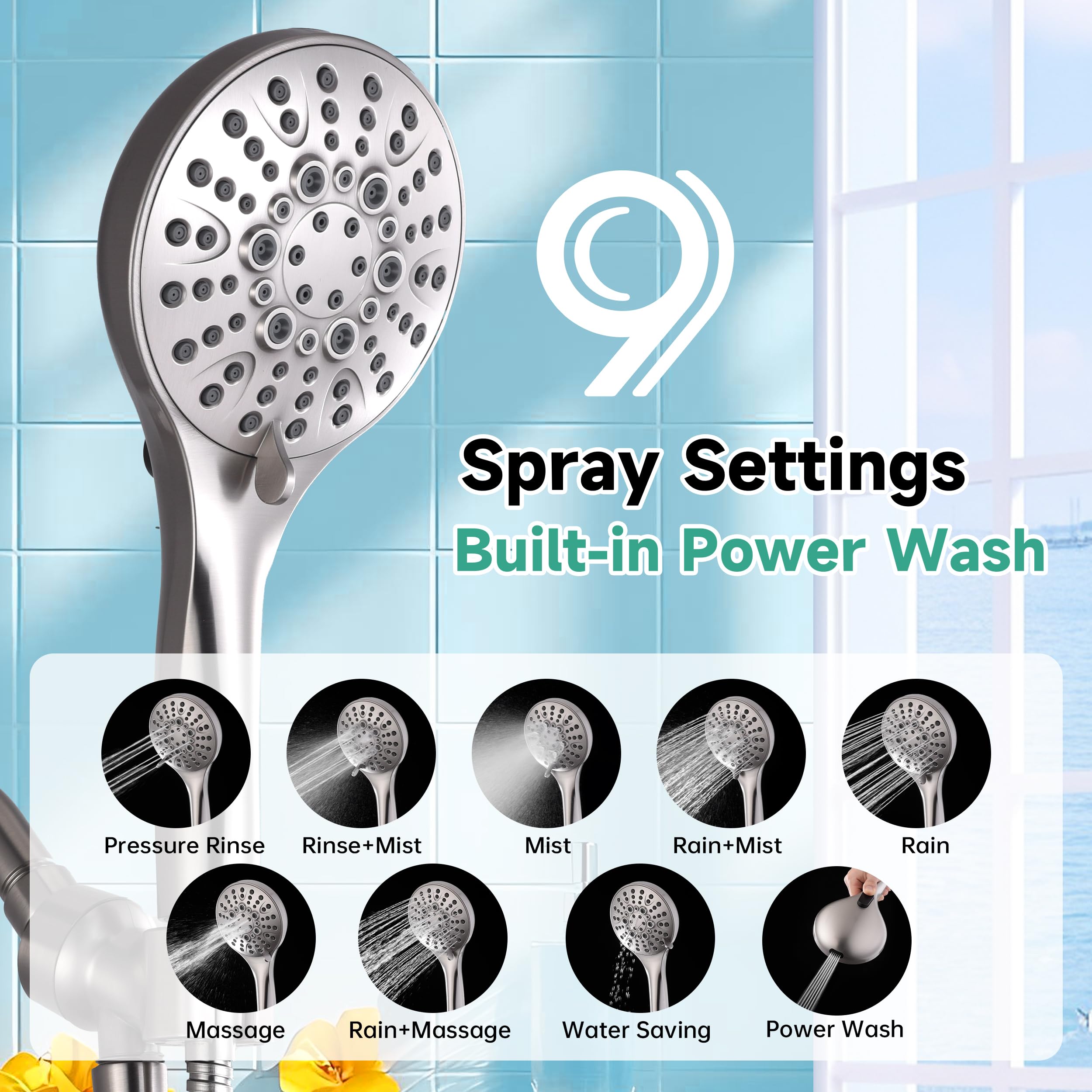 BRIGHT SHOWERS Soffione doccia ad alta pressione con palmare, 9 impostazioni di spruzzo, soffione integrato per pulire vasca e animali domestici, tubo extra lungo da 175,3 cm, staffa regolabile,