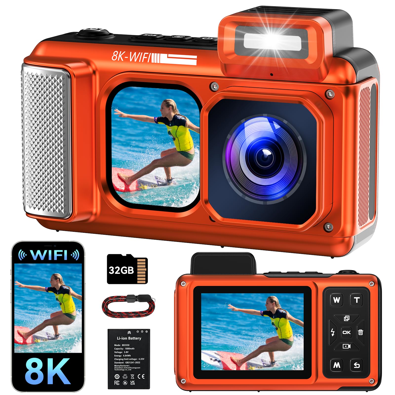 Maxmango V08 Pro 49FT Underwater Camera, 8K 90MP WiFi Waterproof Digital Camera with 2.88" Touchscreen, Dual Screens, Dustproof Shockproof Camera for Snorkeling Diving Travel, 32GB Card, Orange-image-29