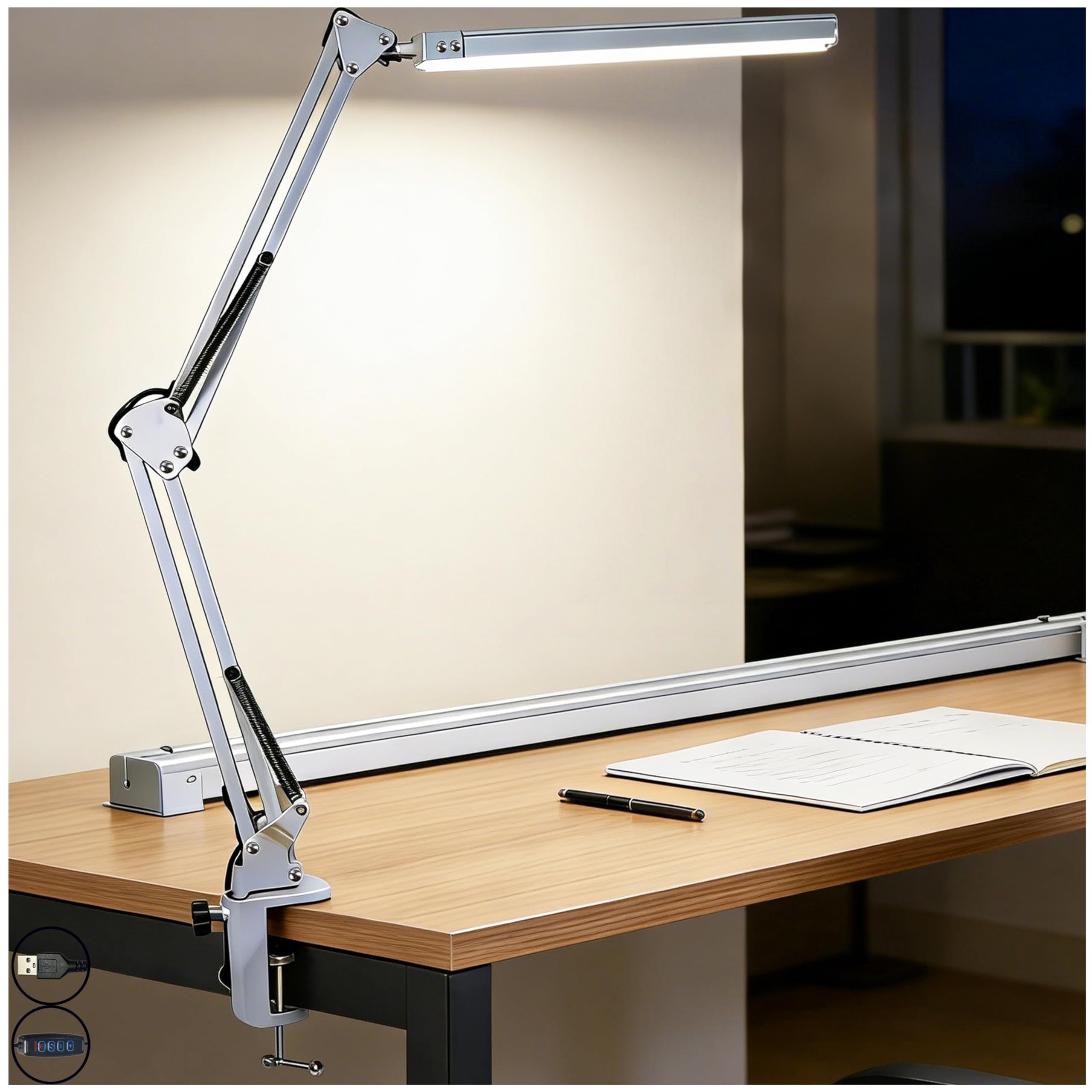 Clip-on LED desk lamp, 3 lighting modes, 10 brightness levels, memory function, eye-friendly dimmable light, USB interface, rotating arm, 12-watt study lamp, suitable for home and office (white)
