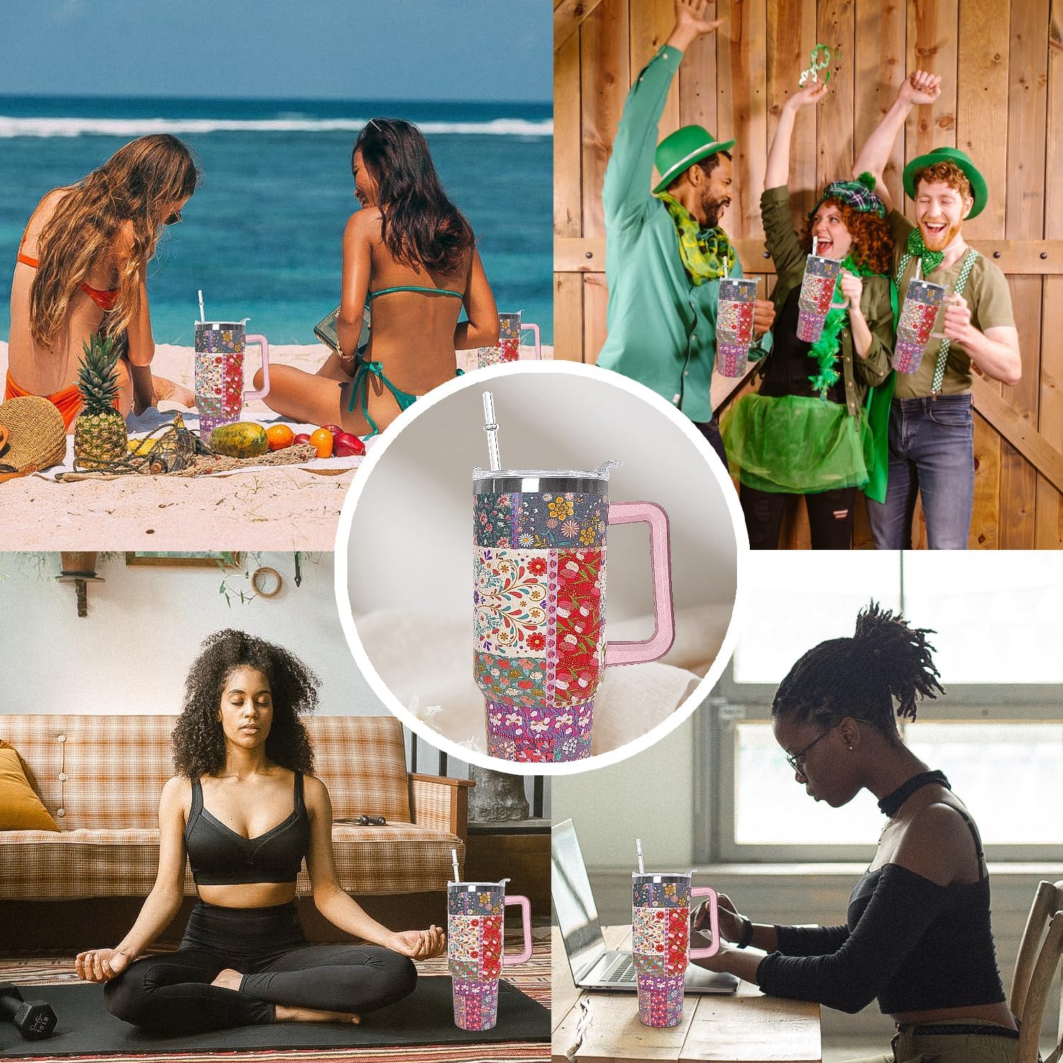 Pioneer Woman Tumbler Boho Floral Tumbler 40 oz Pioneer Women Gifts for Women Bohemia Cups Coffee Travel Mug with Handle Leak Proof Insulated Woman Decor Stuff - Image 7