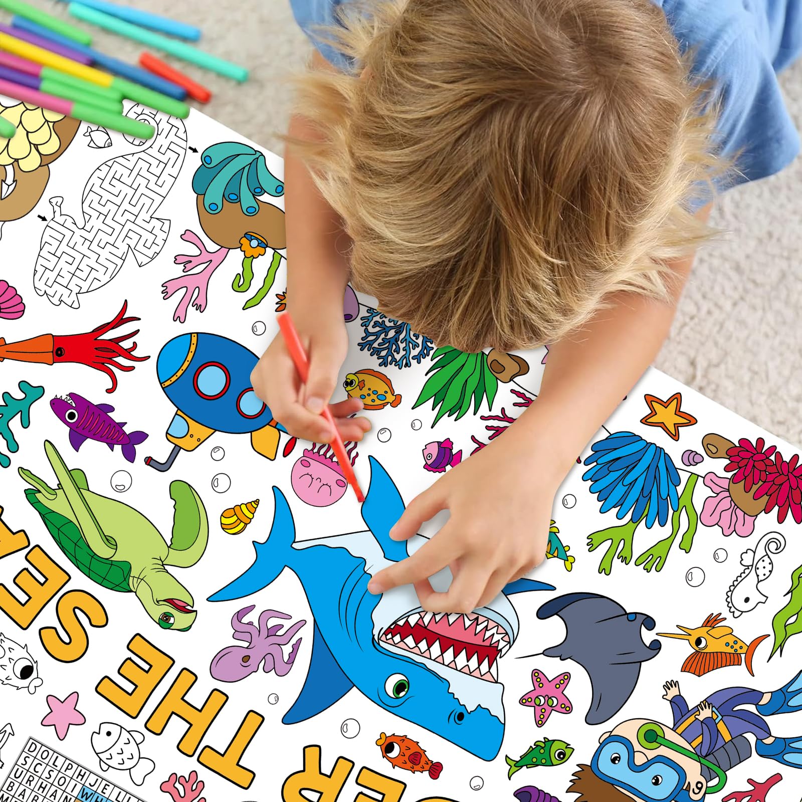 PHOGARY Nappe à Colorier Océan Géante 137 X 274 Cm – Affiche Coloriage Enfants Animaux Marins, Papier Résistant Huile, Idéale Anniversaire, Fête, Activité Créative