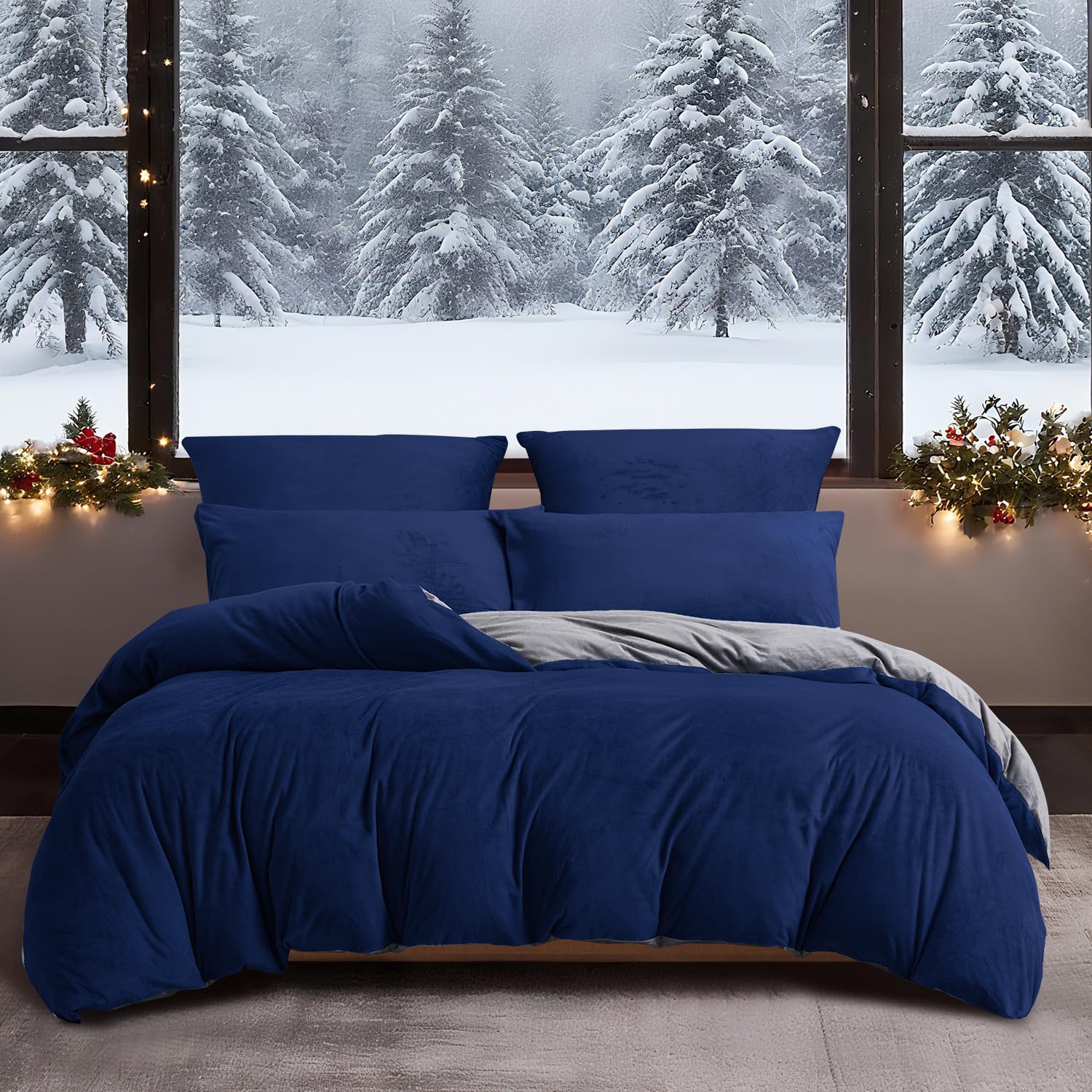 Sacebeleu Pluche Beddengoedset 200 x 200 cm Donkergrijs Warm Winter Flanellen Dekbedovertrek met Rits en 2 Kussenslopen 80 x 80 cm voor Tweepersoonsbed