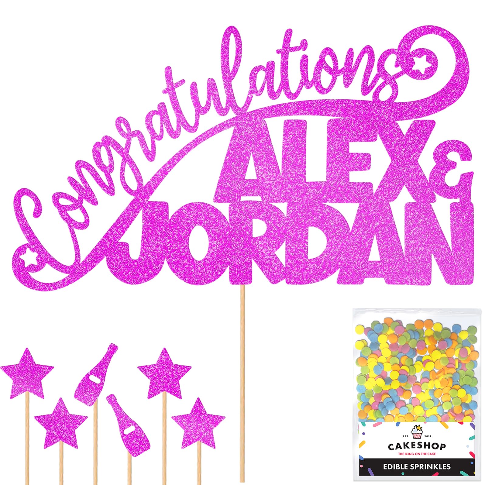 Personalised Congratulations Celebration Glitter Cake Topper - Pink Any Name(s) Cake Decoration and Sprinkles - Any Occasion Party Decorations - Personalised Toppers for Cakes by Cakeshop
