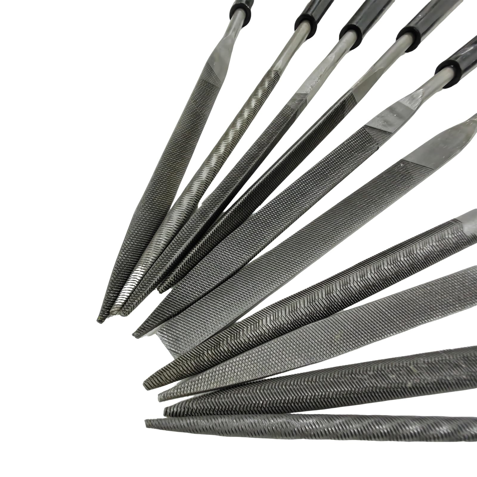 Ncheli Juego de 10 limas Ncheli para modelismo : lima plana, triangular, redonda, cuadrada, semiredonda – 4 mm × 160 mm de acero al carbonio de calidad, mango de PVC blando y antideslizante