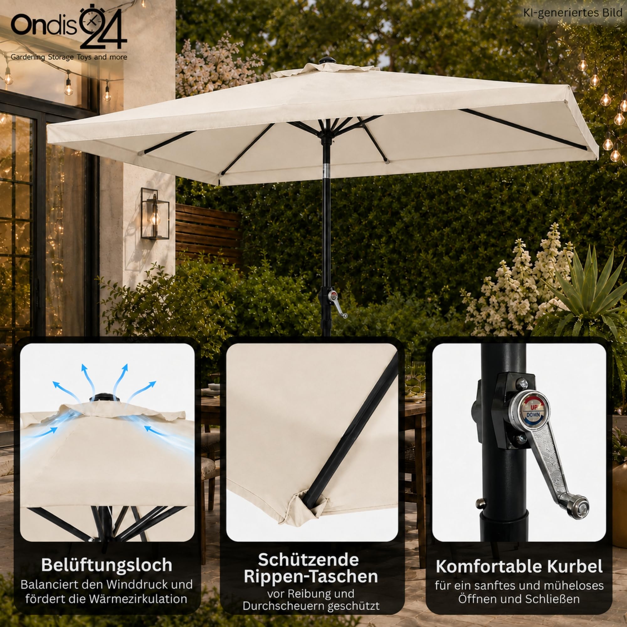 Ondis24 Marktschirm 3x2 Meter Sonnenschirm rechteckig mit Volant, Knick-Gelenk, Kurbel, Gestell aus Stahl, UV 50 (Beige)