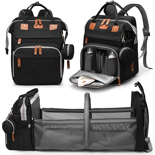 Miniatura 1 de Mochila para pañales con cambiador, mochila grande para pañales de viaje impermeable con puerto de carga USB, Negro -