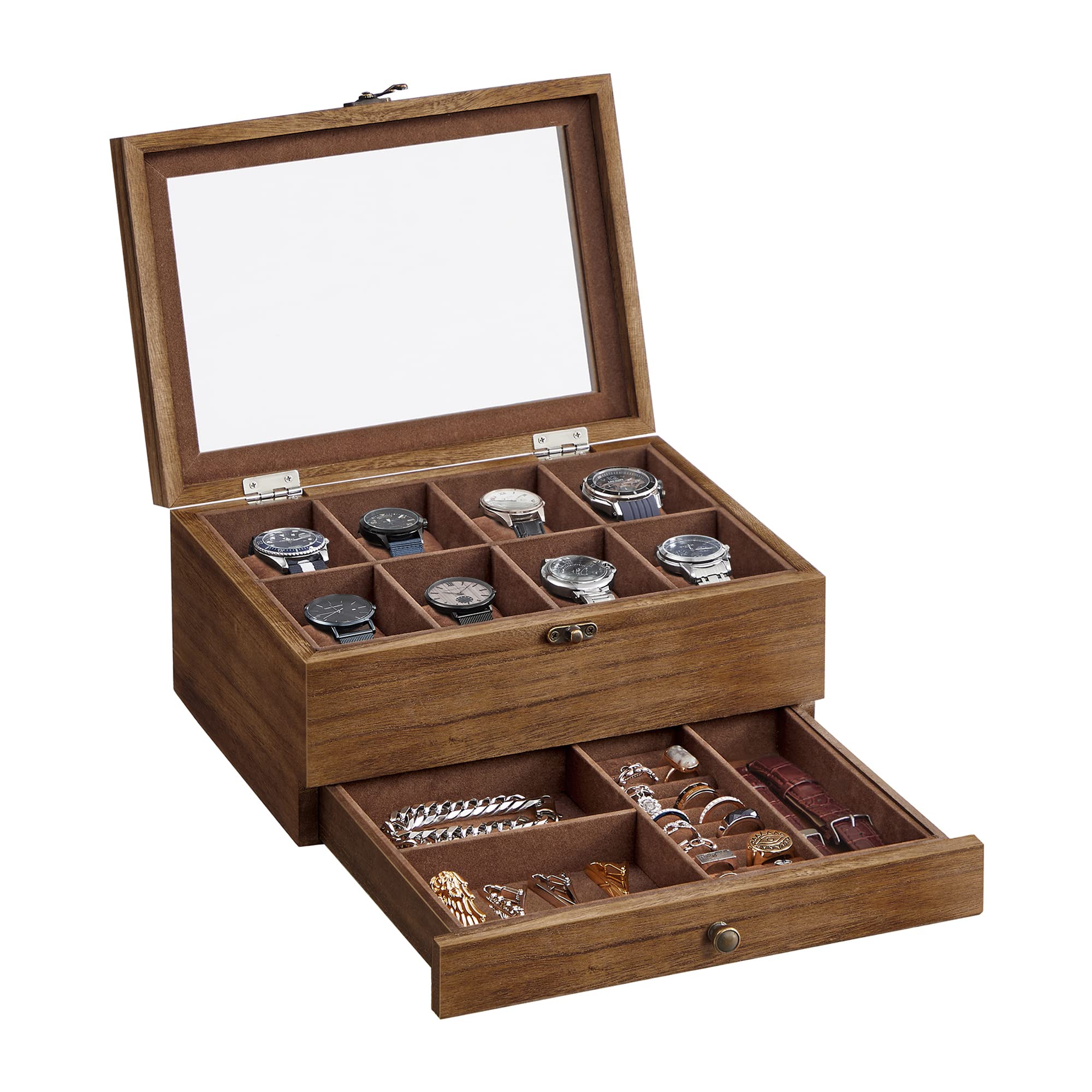 SONGMICS Watch Box with 8 Slots, 2-Tier Wood Watch Case with Large Glass Lid, Watch Pillows, Velvet Lining, Jewellery Box, Gift for Loved Ones, Rustic Walnut JOW008K01