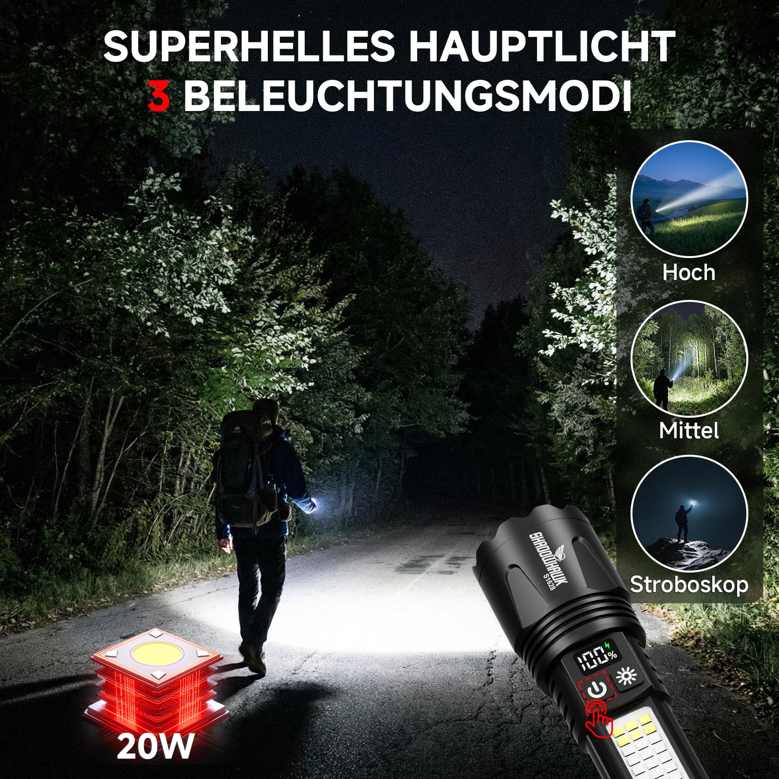 Shadowhawk Latarka LED ładowana, latarka z możliwością ładowania przez USB, latarka na baterie