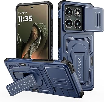 Phone Case Compatible with Motorola Moto Edge 60 Pro Built in Slide Camera Lens Cover, Military Grade Protective Case Shockproof Cover Full Body Rugged Stand Hard Solid Cases Phone Back CoverBlue