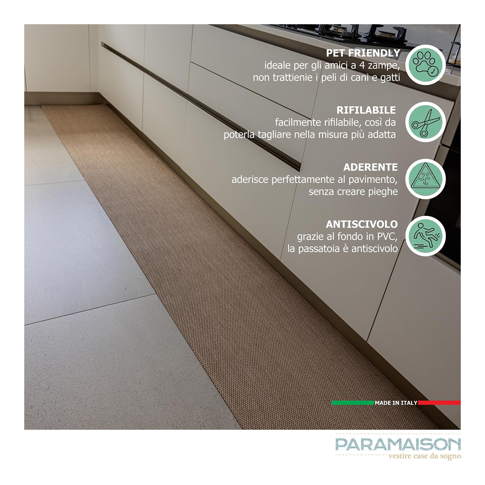 PARAMAISON Tappeto PVC Cucina Infinity, Passatoia Antiscivolo Lavabile, Antimacchia, Multiuso, Lavabile, Cucina, Soggiorno, Design Stilizzato Onda Grigio Chiaro| 50x200cm