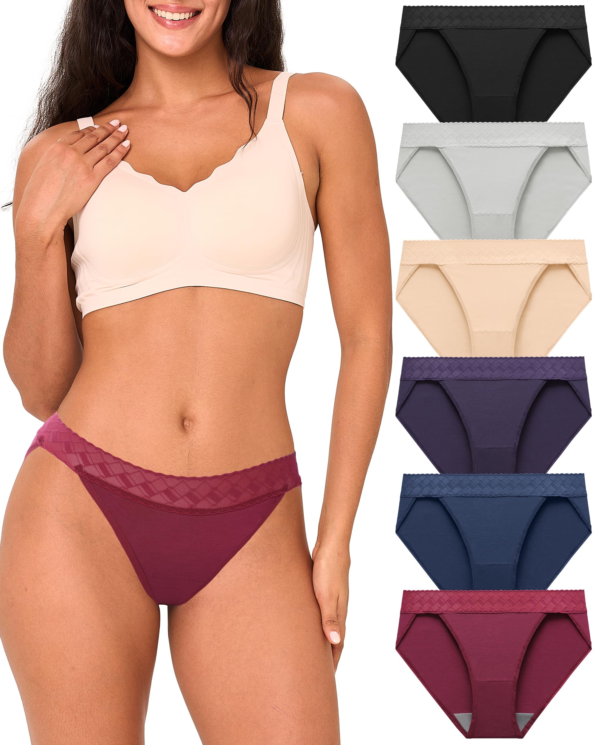 BAMBOO COOL Women's Bikini High Cut Lace Underwear for Women Breathable Moisture-Wicking Ladies Panties, 6-Pack