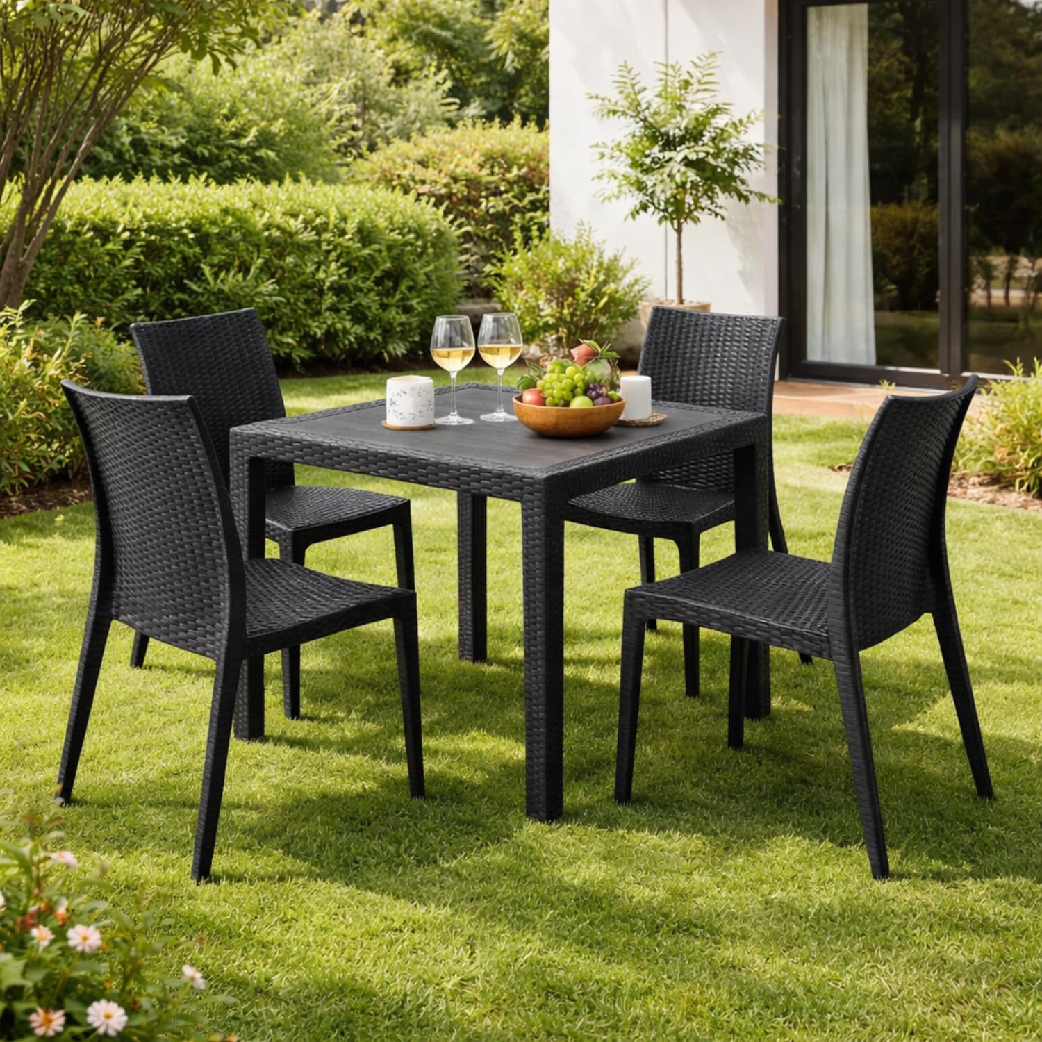PALUPLUS Set Tavolo Quadrato con 4 Sedie Rattan in Plastica color Antracite, Misura Tavolino 79x79x72 cm, Sedia SENZA Braccioli, Arredo per Esterno, Terrazzo -KIN024F/MAD603F-23,5