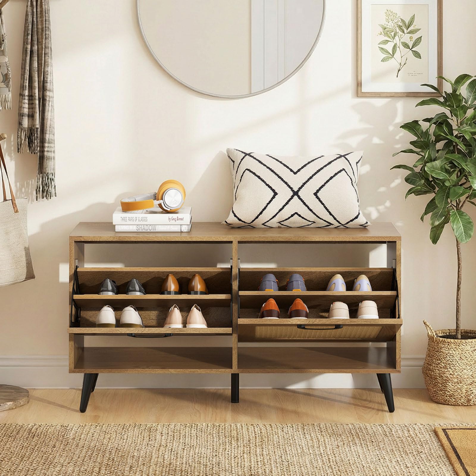 COSTWAY Armario Zapatero, Mueble Zapatero de Ratán con 2 Cajones Abatibles, Superficie Amplia, Estantes Ajustables y Patas de Metal, Entrada Pasillo Recibidor, 100 x 30 x 53 cm