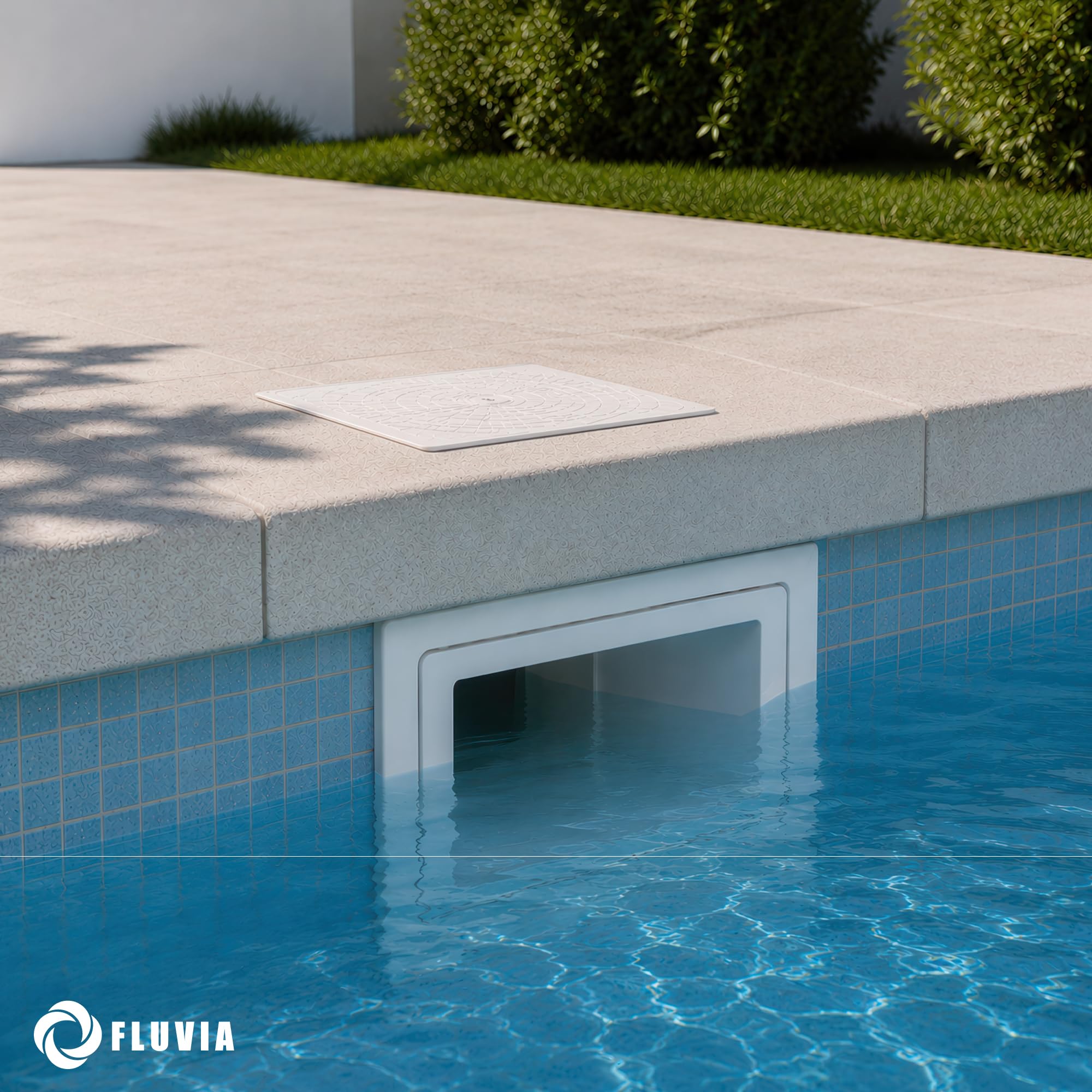 FLUVIA Skimmer Tapa Cuadrada Piscina Hormigon 15L con Cestillo Recogehojas de Gran Capacidad y Compuerta Flotante con ABS Blanco Resistente UV y Conexion Universal para Piscinas