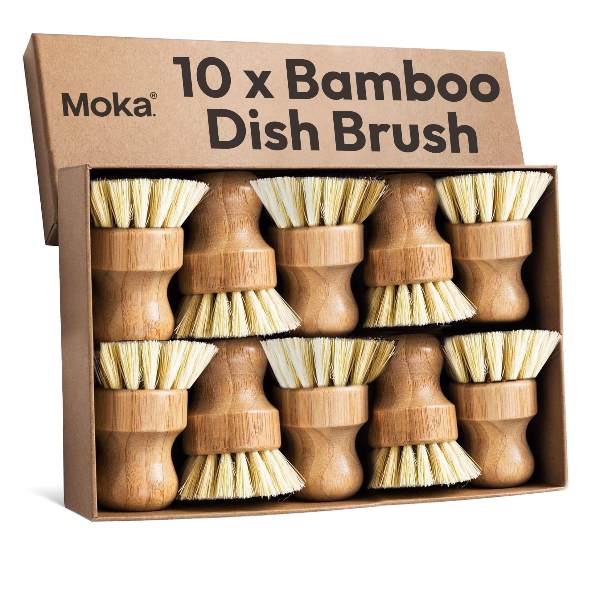 Moka Bamboo Dish Brush - Eco Friendly Scrub Brush with Natural Bristle - Premium Bamboo Dish Scrubber for Kitchen Cleaning, Dishes, Pots, and Pans - Sustainable and Durable (10 Pack)