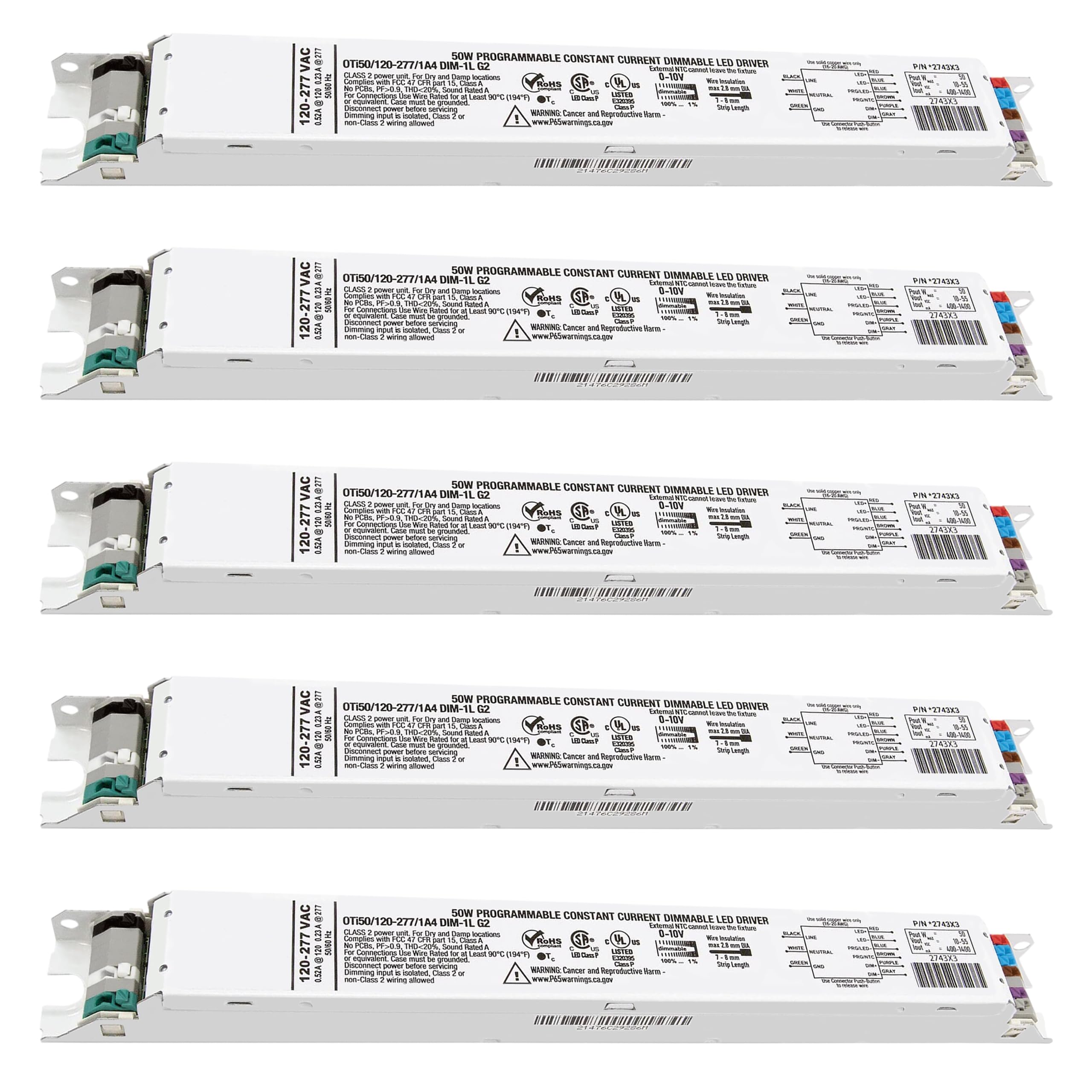 OHLECTRIC Replacement for OTi 50/120-277/1A4 DIM-1 L G2 Linear 120-277V LED Driver, Factory Default 2300mA (Programmable Upon Request), 10-55V Output, 50W Power, 1-100% LED Dimming Range - 5 Pack