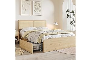 XIAO WEI Natural Rattan Boho Queen Wood Bed Frame with Drawers