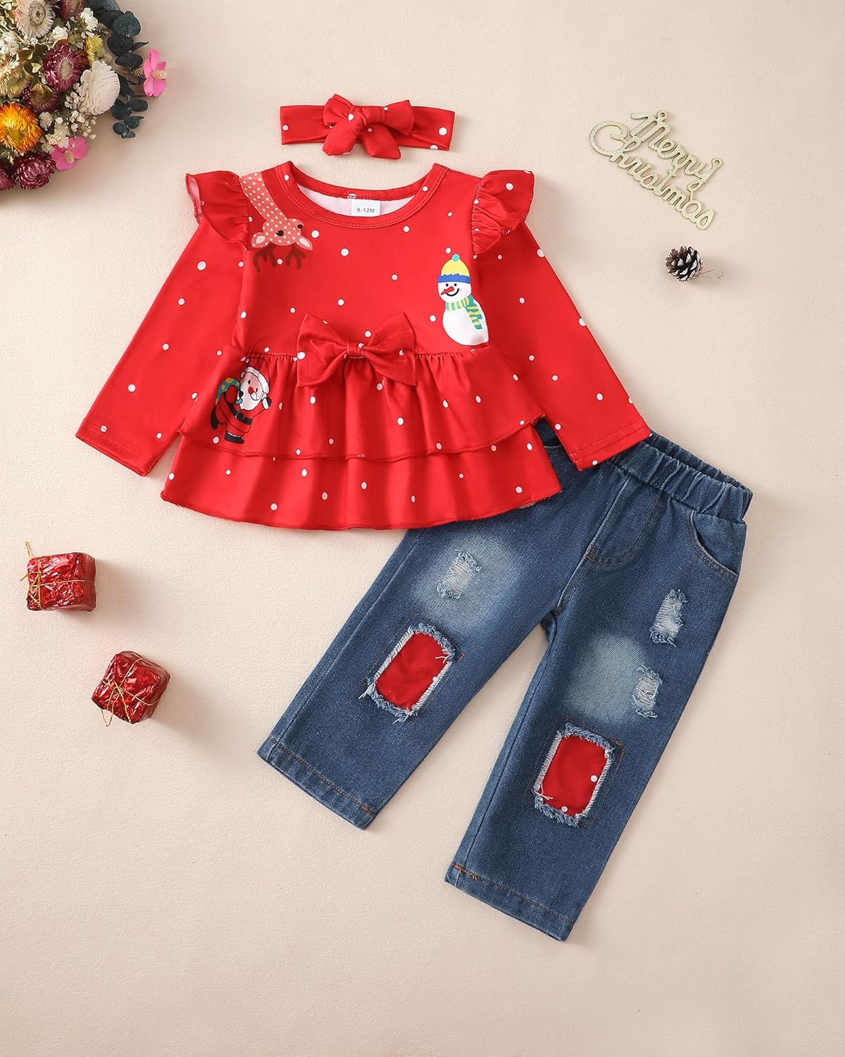 Baby Girl Clothes Toddler Girls Winter Outfits Infant Clothing Ruffle Top Denim Pants Jeans Cute Fall Outfit Set Christmas Red 18-24 Months image 2 of 6 B0FGDLXJB3