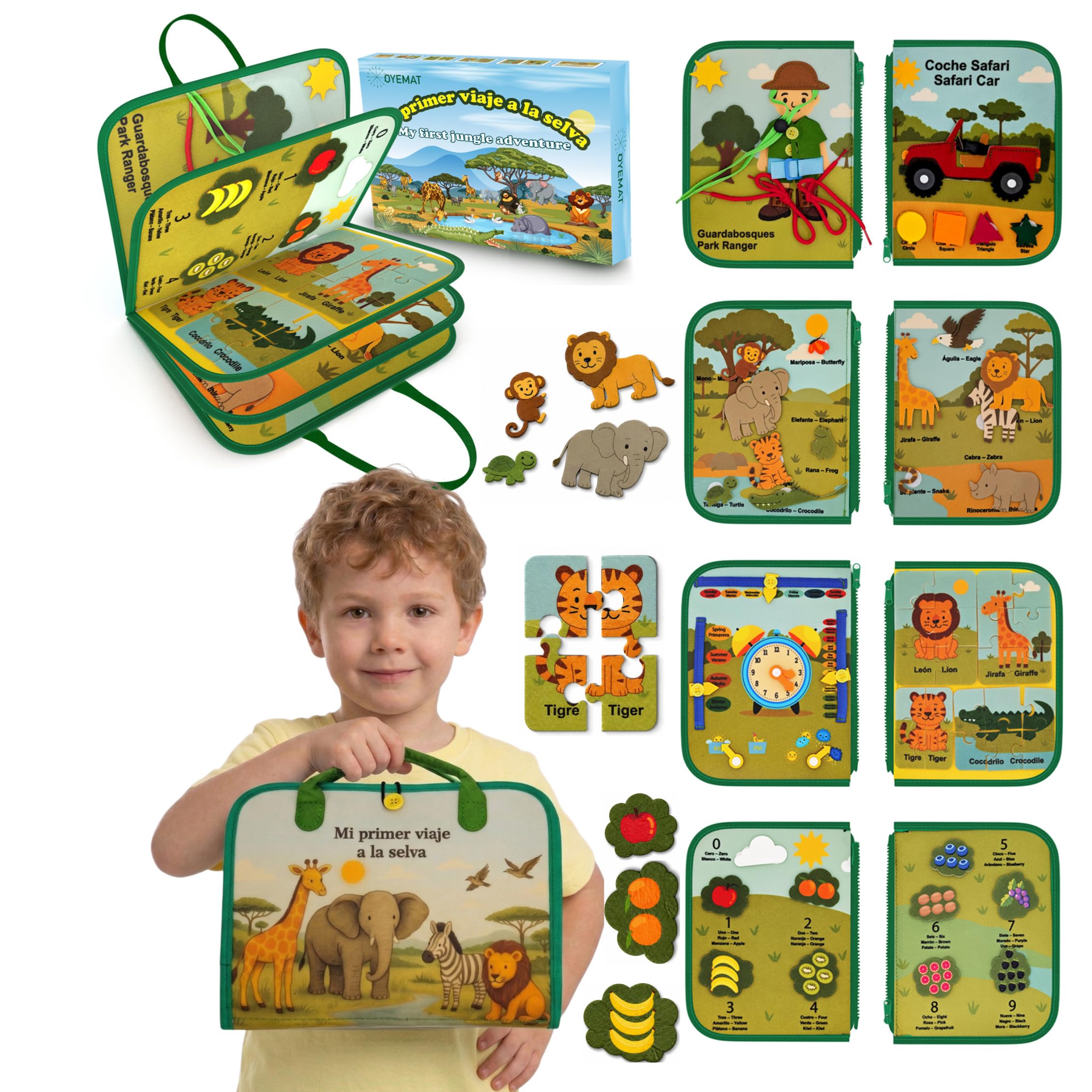 Busy Board Montessori Dwujęzyczne zwierzęta z dżungli hiszpański/angielski - zabawka sensoryczna dla niemowląt - Książka Montessori 3 lata filcu- Edukacyjna tablica Montessori z drobną motoryką