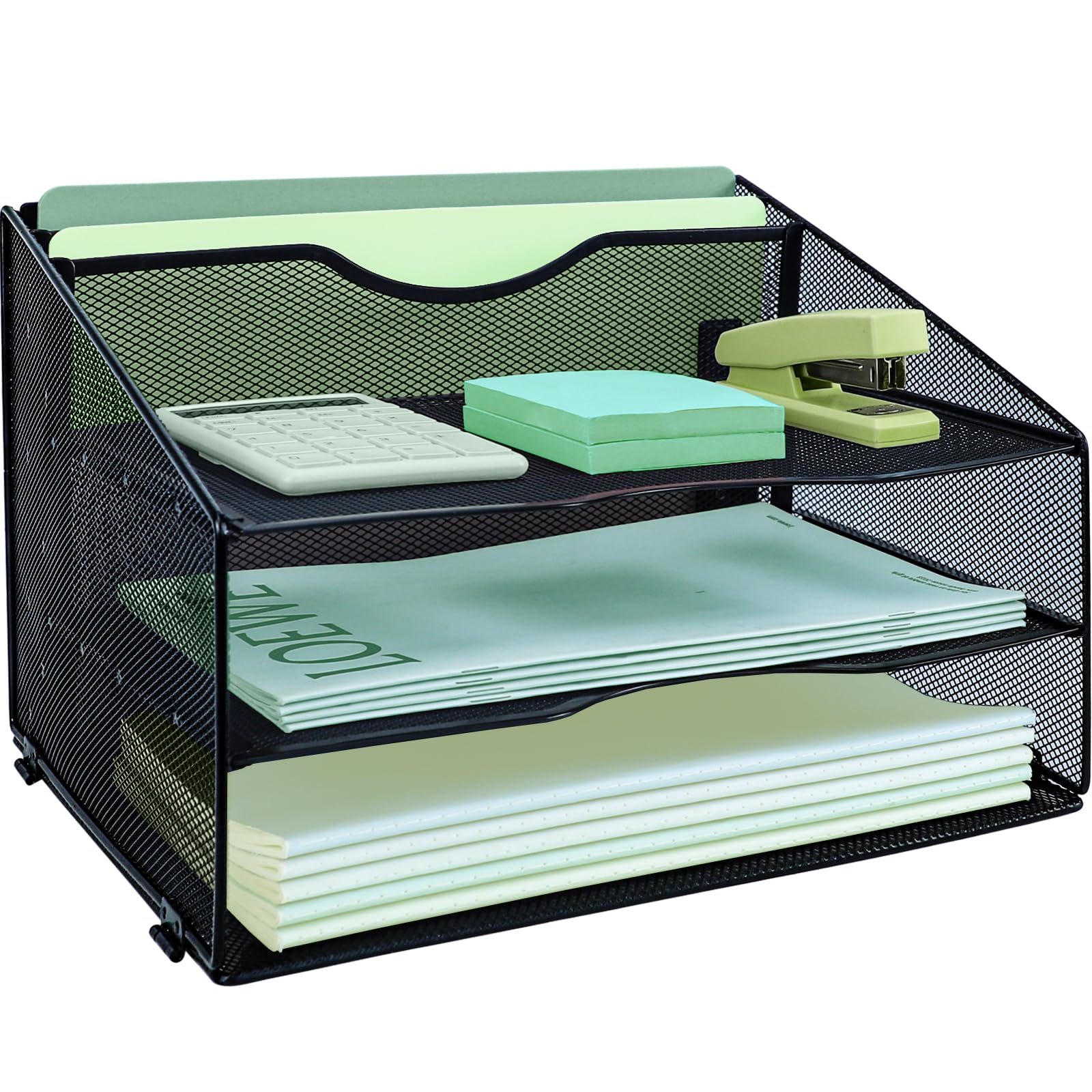 IOUGDSEC Schreibtisch-Organizer mit 3 Ebenen, mit 2 extra vertikalen Aktenordner, Papier-Briefablage, A4-Papier-Desktop-Ablagen, Zeitschriftenhalter für Heimbüro, Schwarz