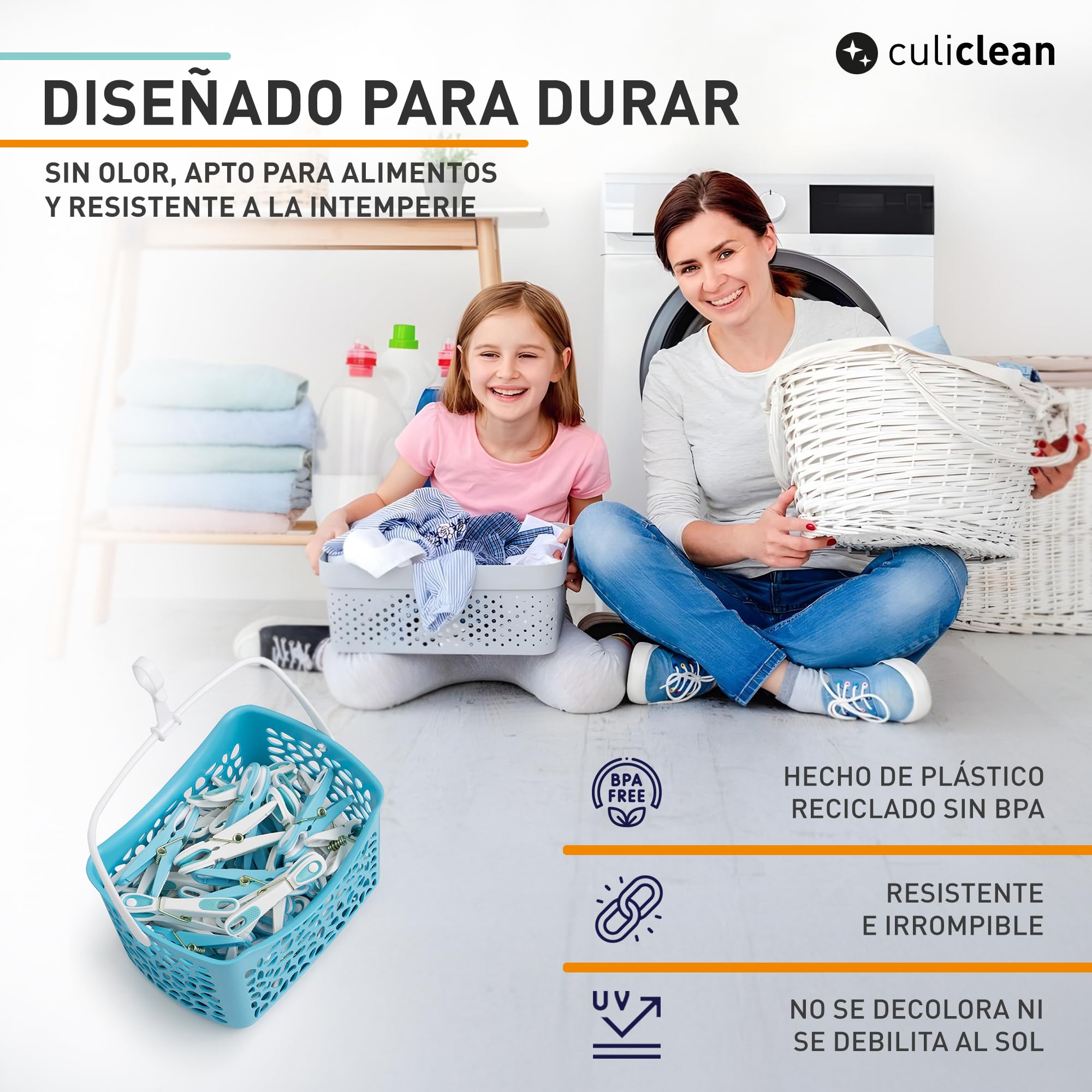 culiclean Cesta Pinzas Ropa – 48 Pinzas y Cesta, Azul-Blanco/Cesta Azul | Pinzas para Tender Ropa que No Dejan Marca, Plástico Resistente y BPA-Free, Fabricado en Francia