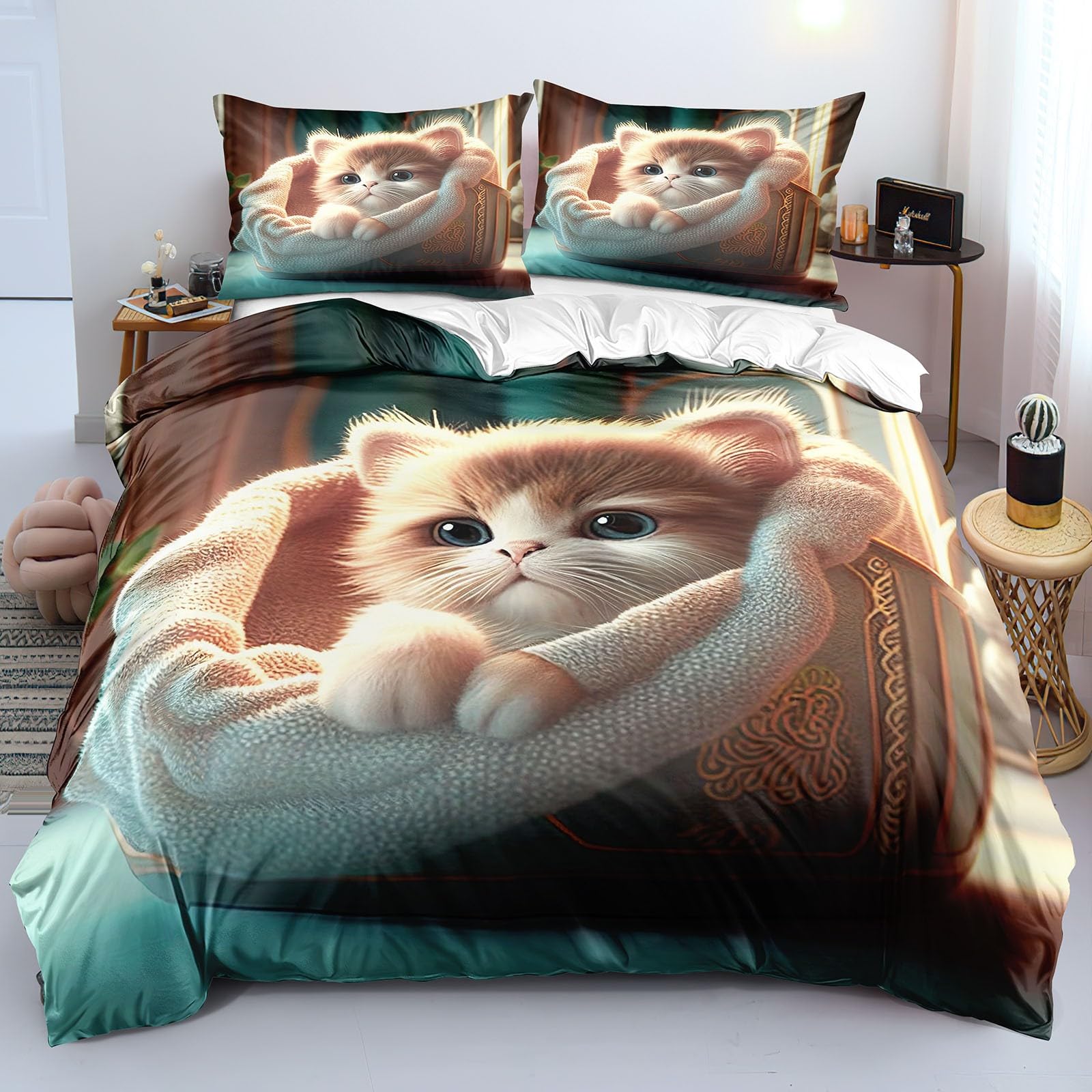 Housse de couette chaton anti-plis et facile à enfiler avec fermeture éclair K8