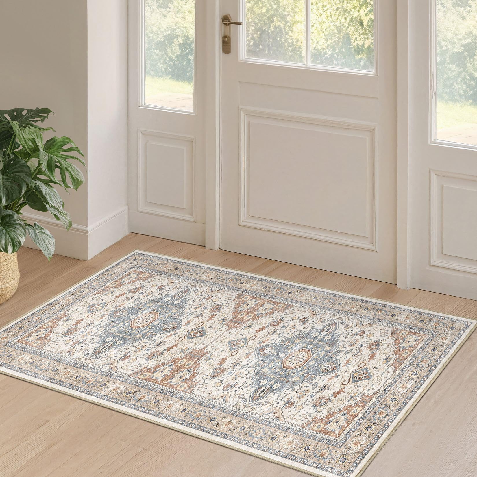LOONGRUG Runner Rug 2x4 Washable Non-Slip Vintage Boho Rug Beige Blue