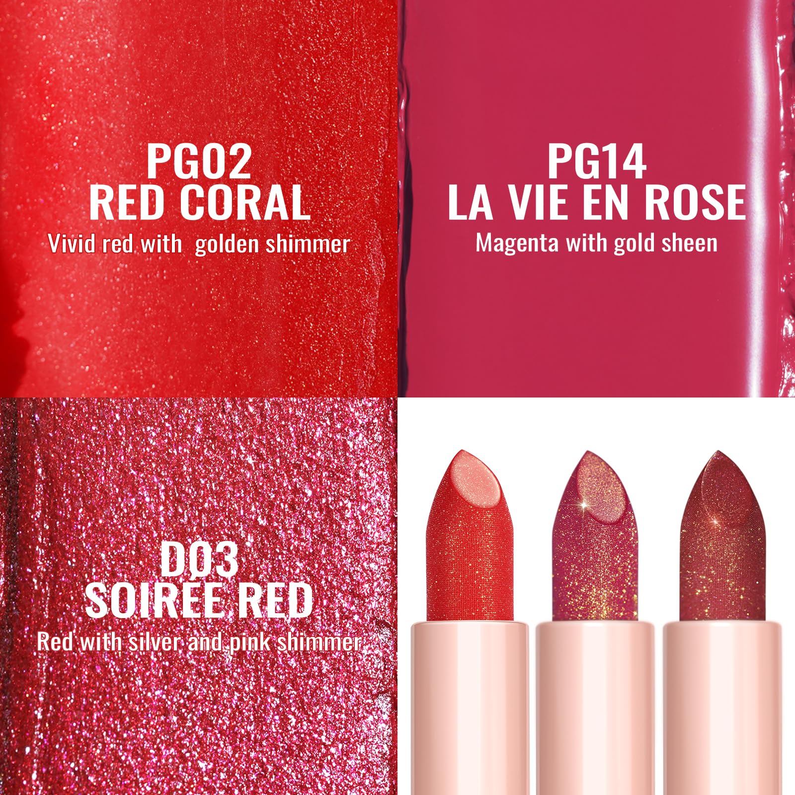 Oulac Pink Glitter Moisturising Lipstick Set, Red Shimmer Lipsticks for Women Hydrating & Smooth, Glitter Diamond Finish - Image 2