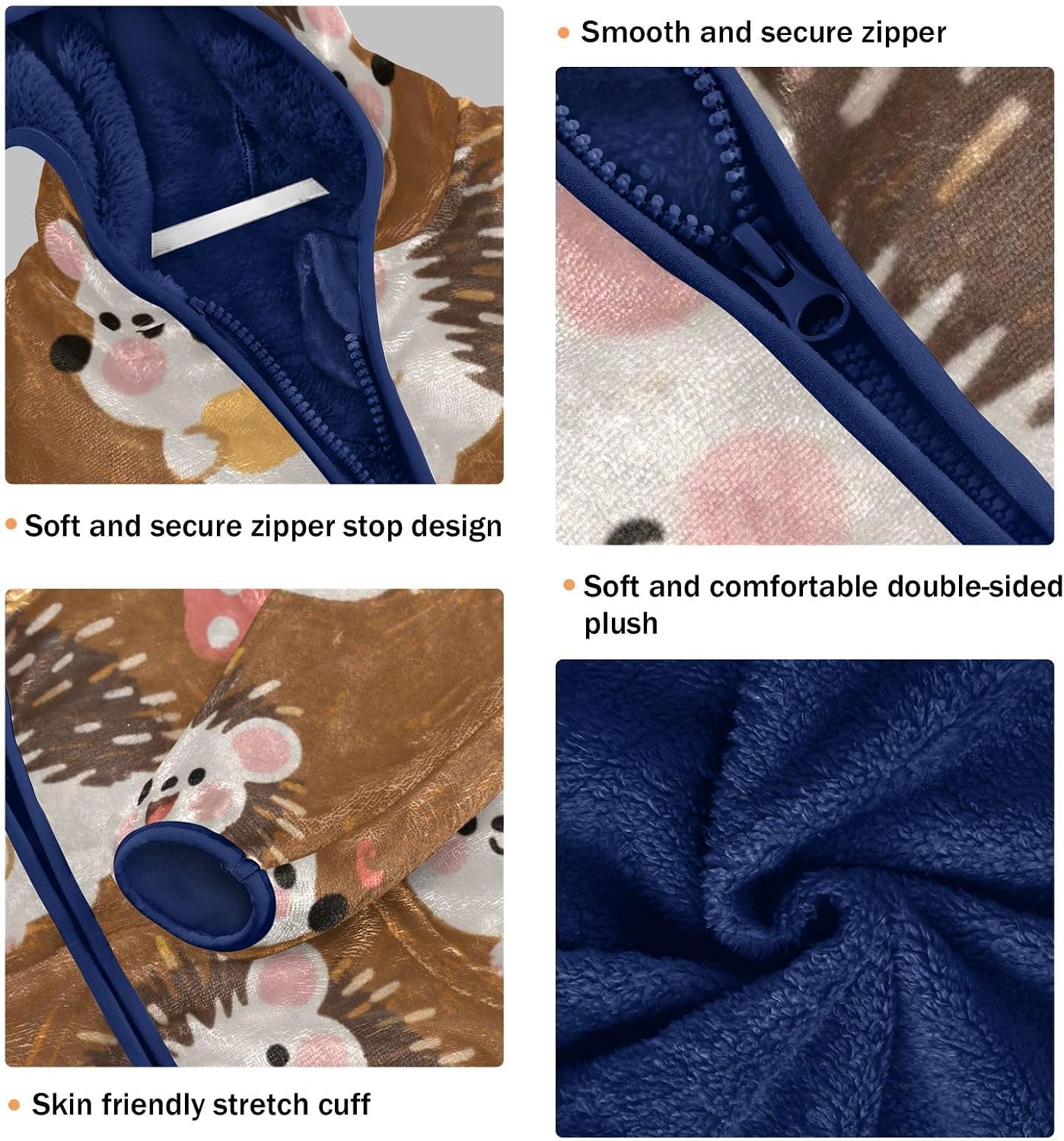 Cute Cartoon Brown Hedgehogs Toddler Fleece Zip Up Children Winter Coat Navy Blue Baby Boy Girl Clothes