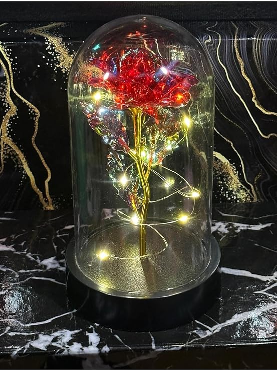 Lapidaria Fanus Içerisinde Dekoratif Peri Led Işıklı Kırmızı Solmayan Sonsuzluk Gülü Hediye Lamba Ve Gül Kolye