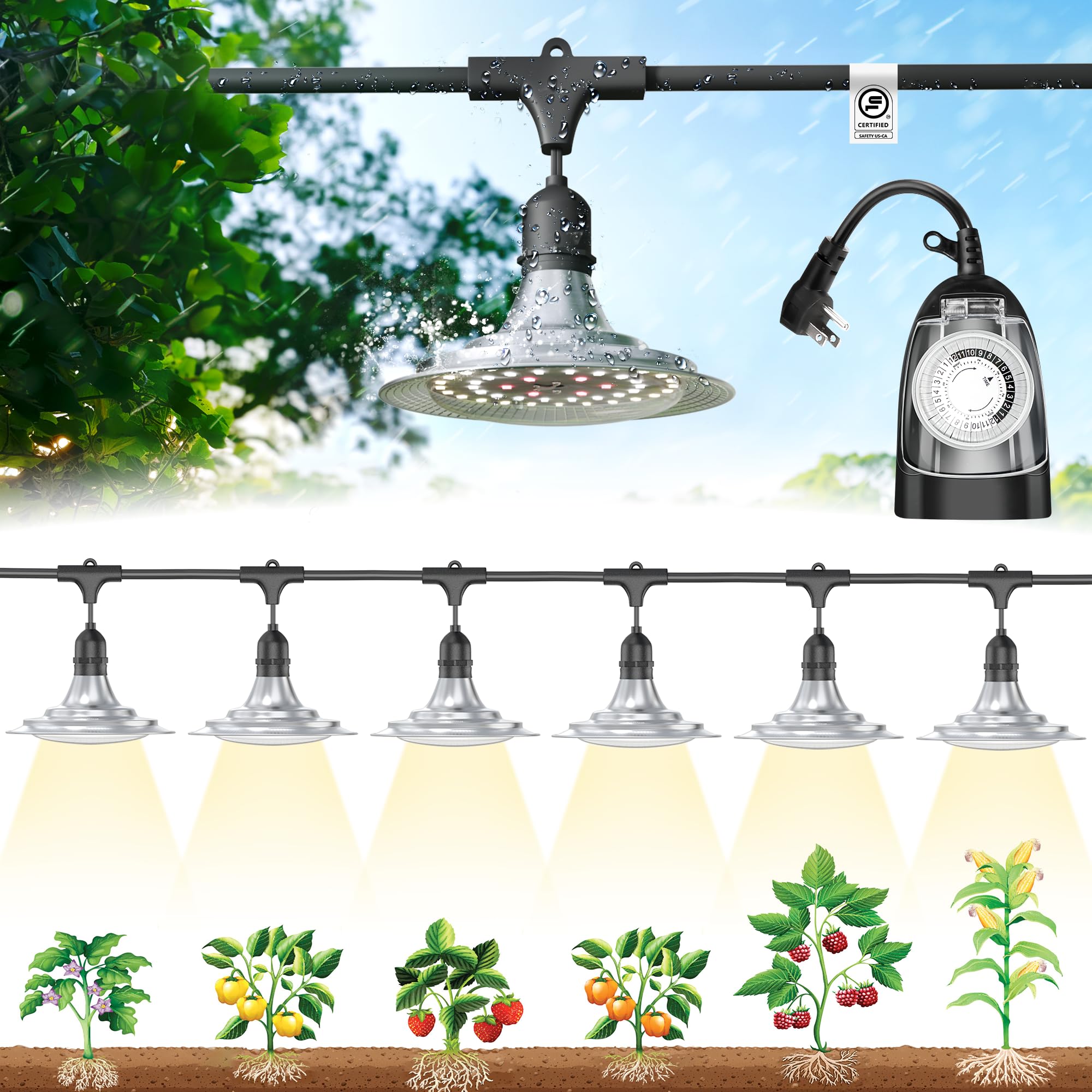EVERYGROW Outdoor Grow Lights with Timer, Full Spectrum Greenhouse Grow Lights with Timer For Outdoor Plants, IP65 Waterproof String Grow Light Outdoor, UL Certified Daisy Chain LED Grow Light, 21.3FT