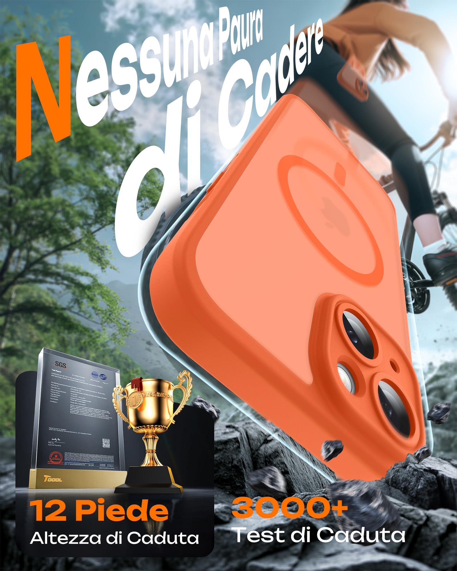 TOCOL Cover Magnetica per iPhone 15 6,1 Pollic, Compatibile con MagSafe, Protezione Fotocamera Integrata, Custodia Antiurto Traslucida Opaca, Arancione