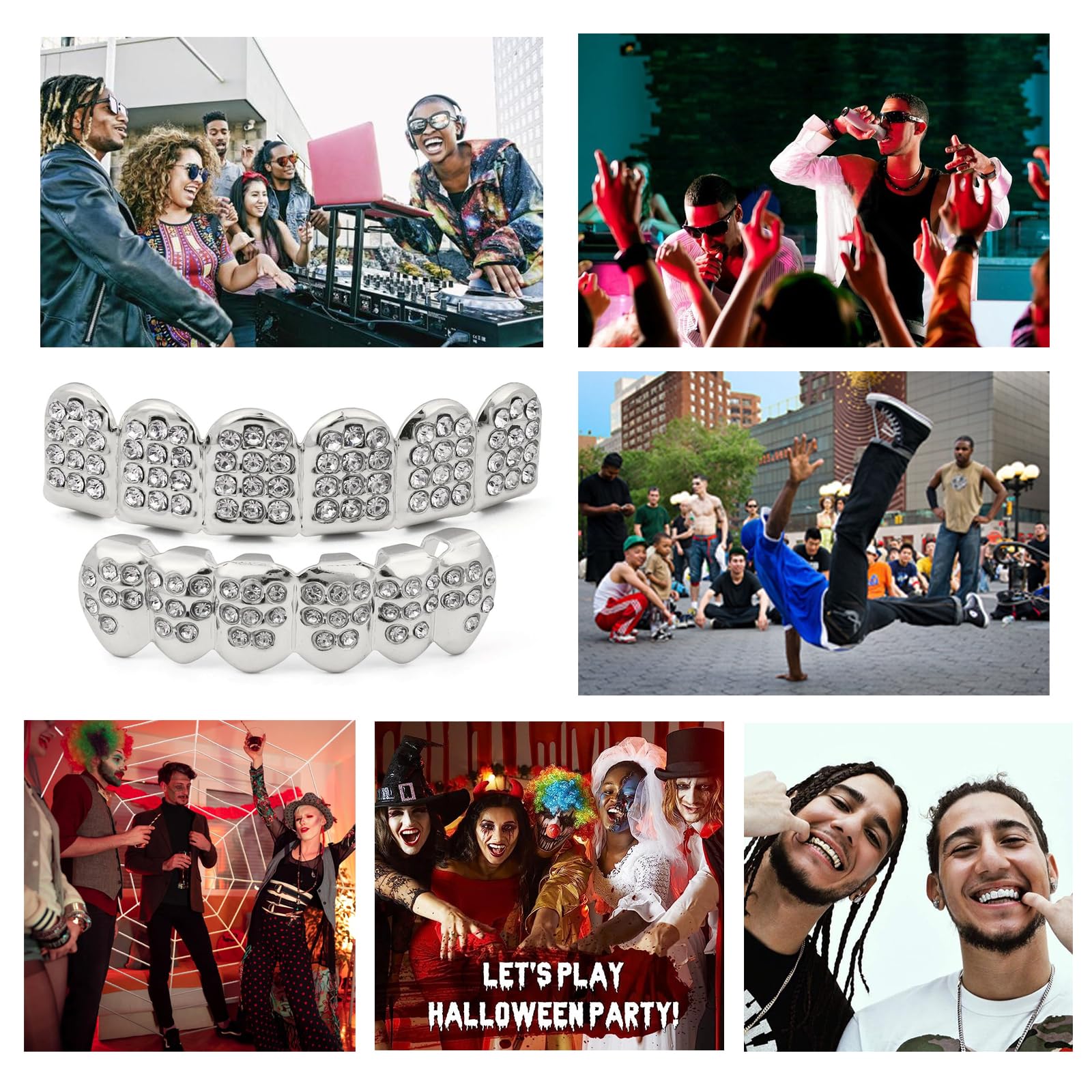 Hip Hop Grillz, zęby hip-hopowe na Halloween, grille dentystyczne, z 2 silikonowymi formami, idealne na festiwale muzyczne, pokazy mody, Halloween, imprezy, cosplay