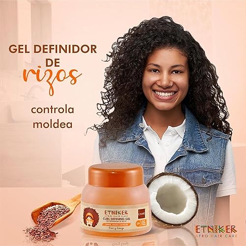 Miniatura 6 de ETNIKER - Kit de definición de cabello rizado y ondulado con textura afro, gel, hidroelixir y crema de peinado | Control, nutrir, definir | Coco,