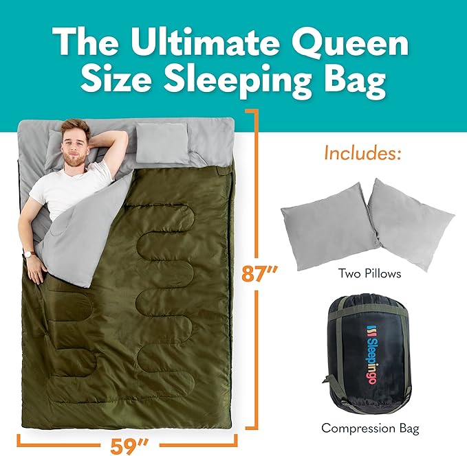 Sleepingo Double Sleeping Bags lightweight 2 person sleeping bag has an impressive size of 87