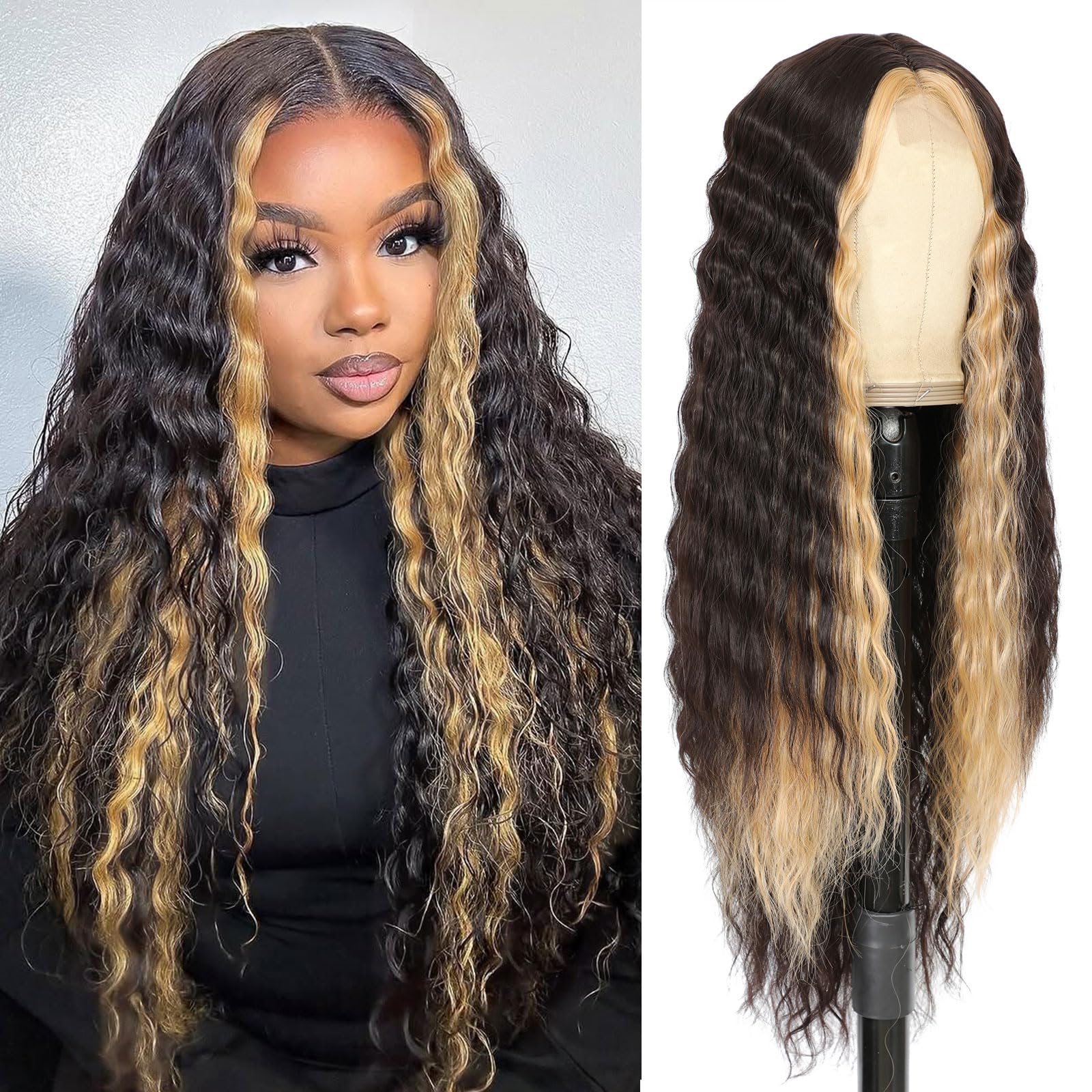 28" Synthetic Curly Wigs for Women Dark Brown Skunk Stripe Wig Deep Wave Wig with Blonde Highlights Long Wavy Lace Front Wigs Synthetic Hair 4" Simulated Scalp Crimps Curls Wig,HL6/15P#