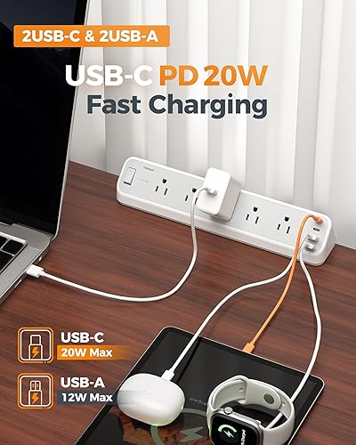 Miniatura 6 de TESSAN 2100J - Regleta de alimentación con abrazadera de escritorio de 10 pies, 5 salidas con 4 puertos USB (2 USB C), cable de extensión de enchufe