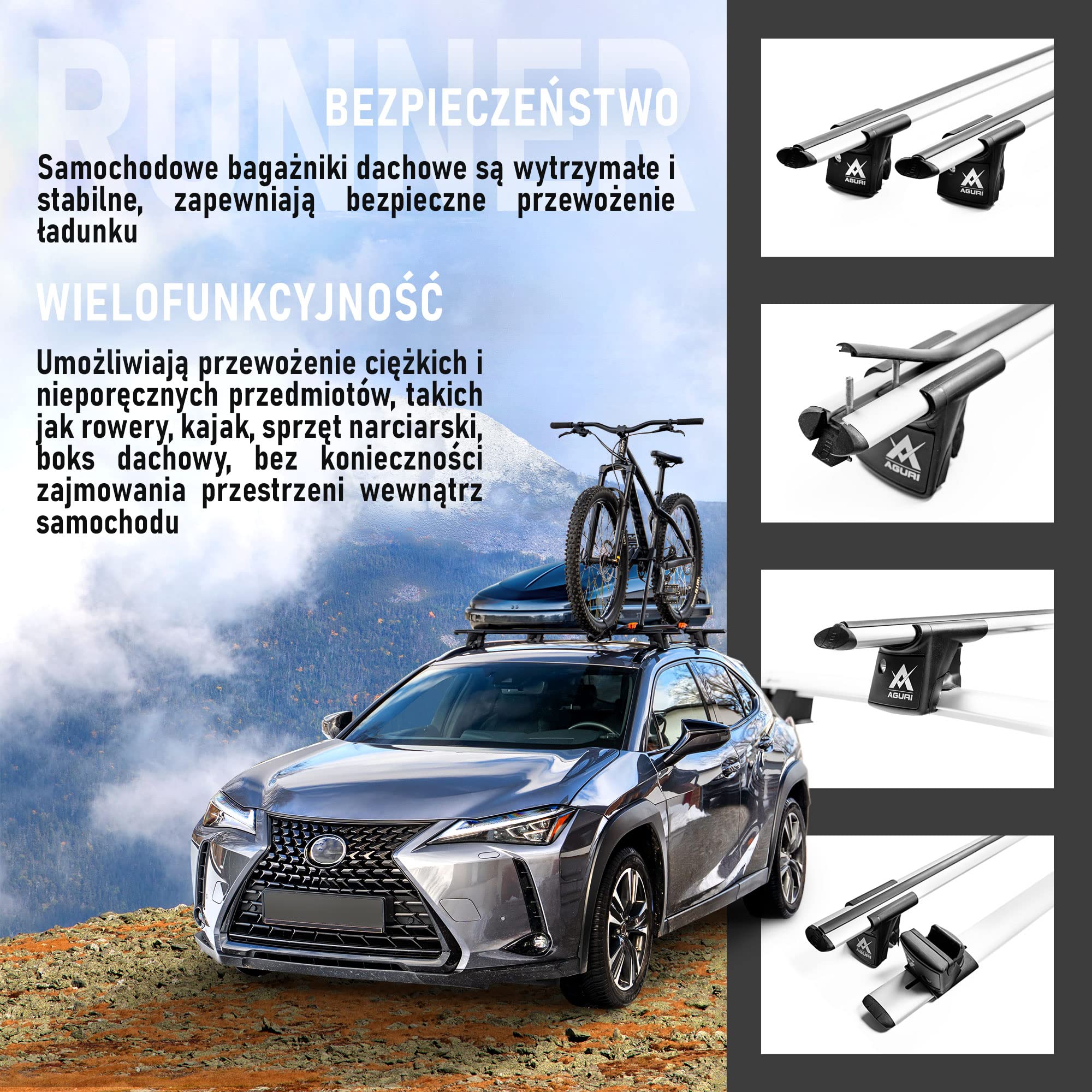 AGURI Runner II | Kompatybilny z Mitsubishi Outlander 2012+ | Bagażnik Dachowy, Belki Dachowe | Służy do Montażu Boksu Dachowego, Uchwytu Rowerowego, Drabiny | Konstrukcja z Aluminium | TÜV